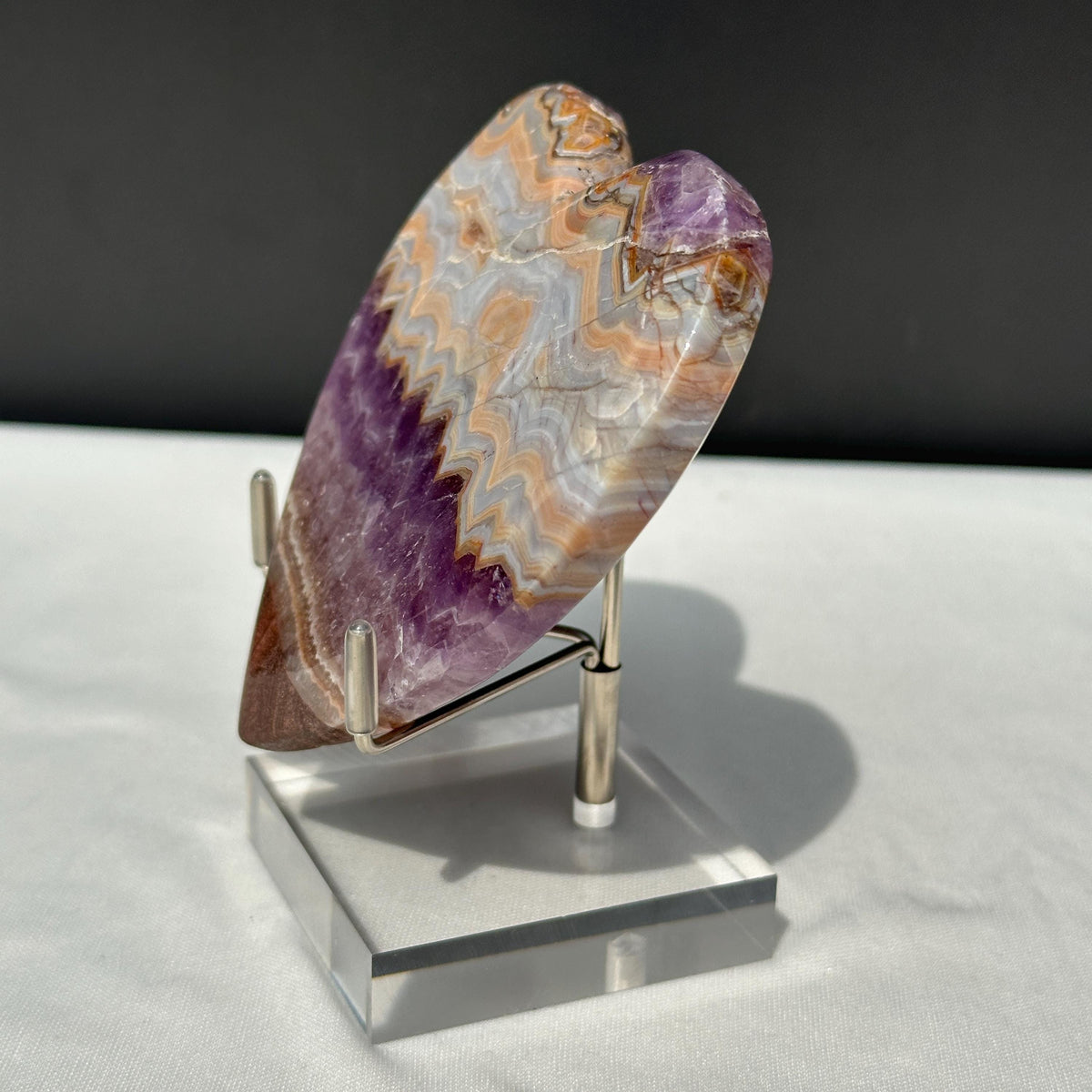 Hand-Carved Banded Amethyst Agate Heart, Personally Sourced Brazilian Crystal with Free Stand, Translucent Decor Exact Specimen 0.57lb - view 3