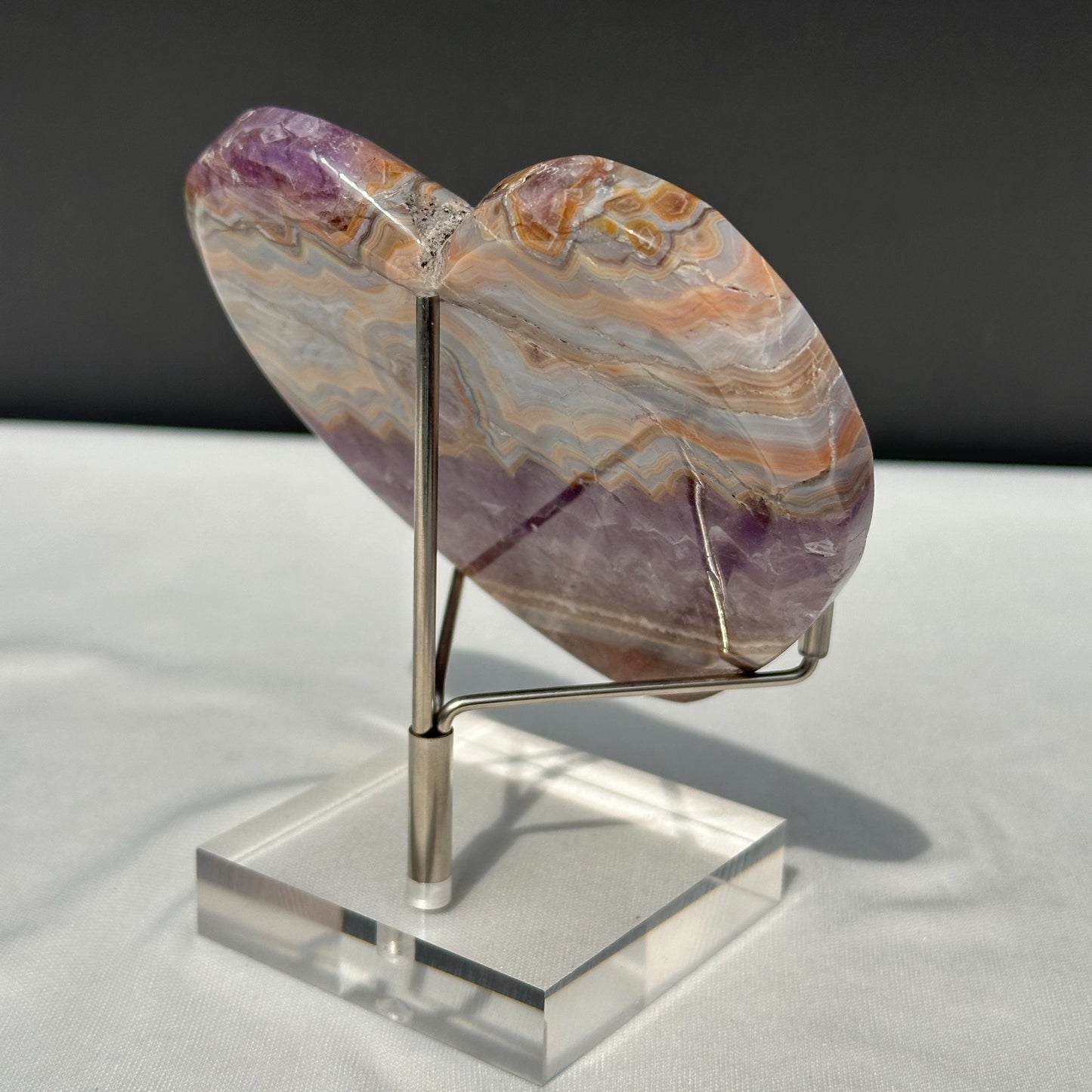 Hand-Carved Banded Amethyst Agate Heart, Personally Sourced Brazilian Crystal with Free Stand, Translucent Decor Exact Specimen 0.57lb - view 6