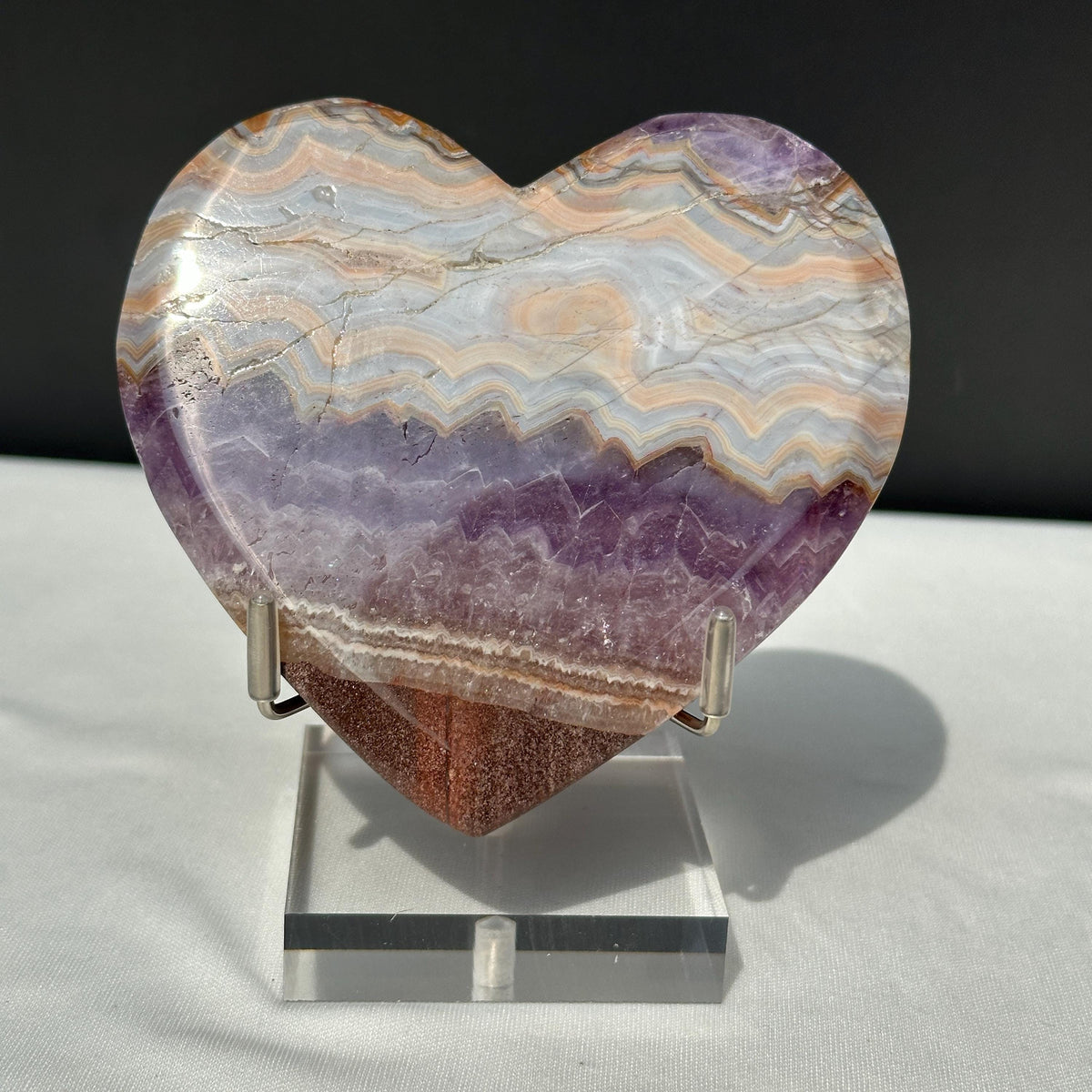 Hand-Carved Banded Amethyst Agate Heart, Personally Sourced Brazilian Crystal with Free Stand, Translucent Decor Exact Specimen 0.57lb - view 1