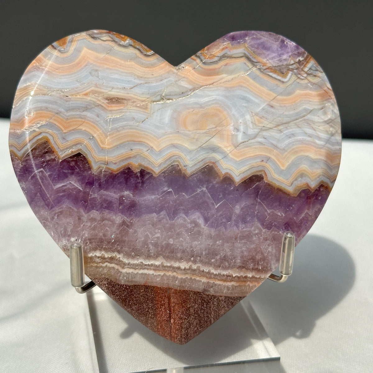 Hand-Carved Banded Amethyst Agate Heart, Personally Sourced Brazilian Crystal with Free Stand, Translucent Decor Exact Specimen 0.57lb - view 8