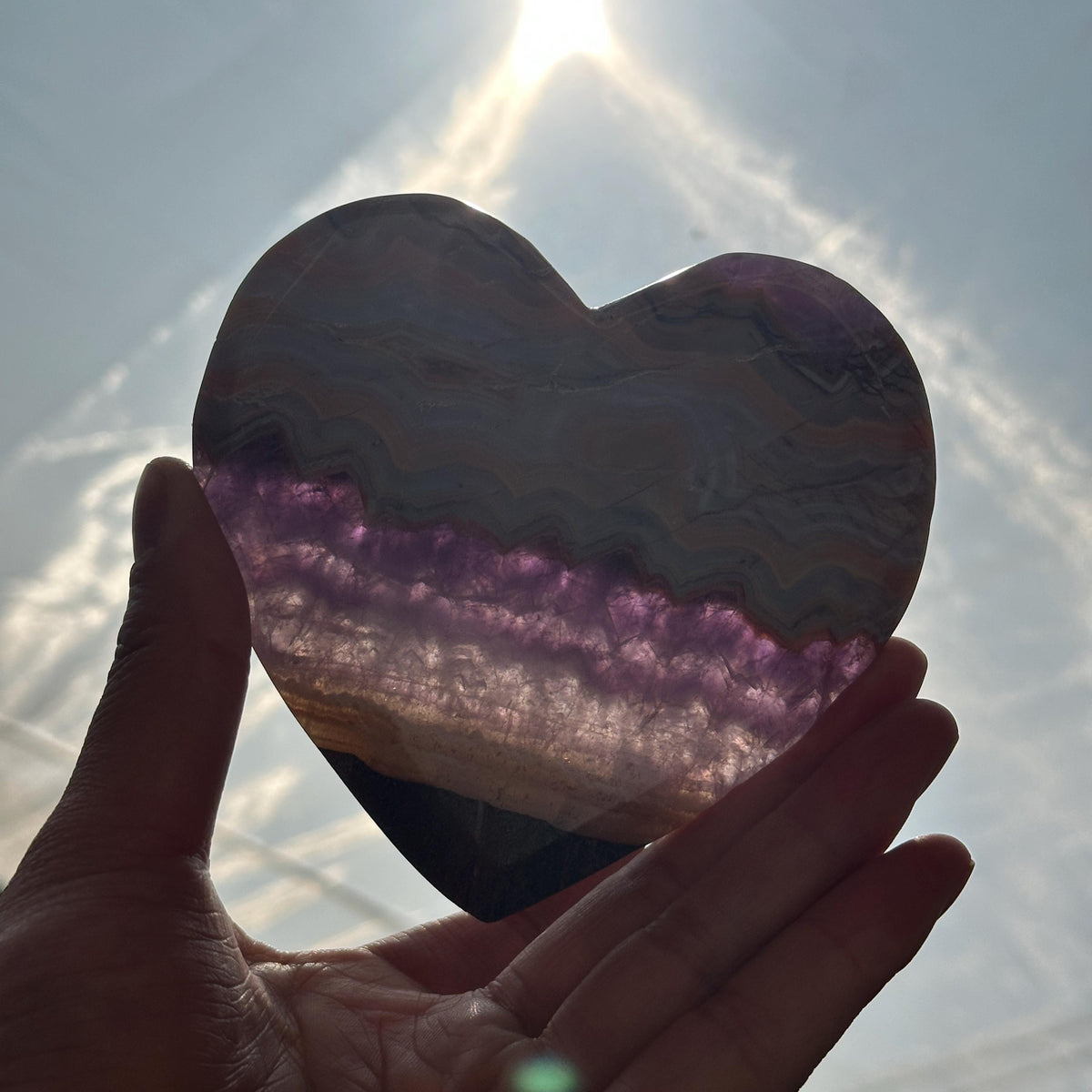 Hand-Carved Banded Amethyst Agate Heart, Personally Sourced Brazilian Crystal with Free Stand, Translucent Decor Exact Specimen 0.57lb - view 9