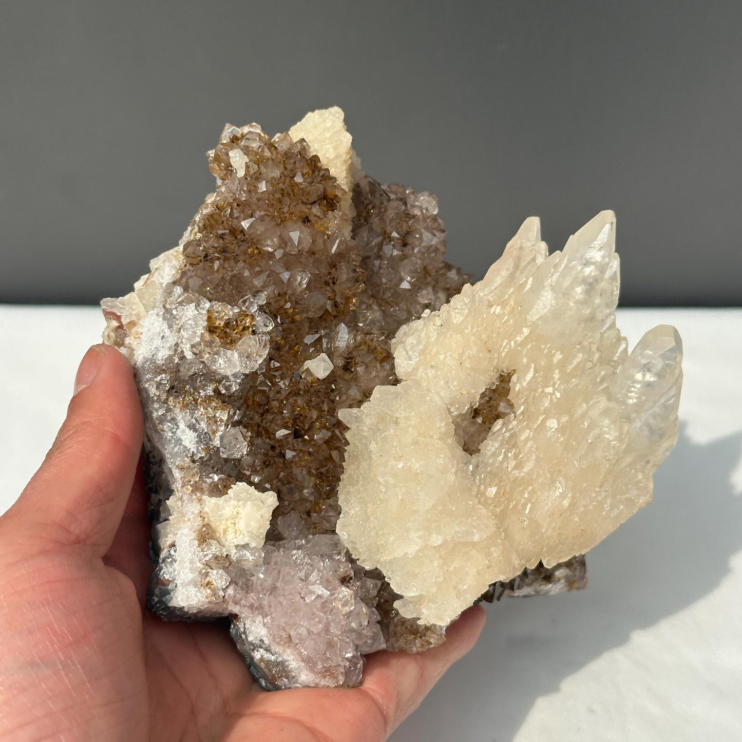 Massive Calcite on Titanium Amethyst Cluster, Rare Brazilian Rutile Symbiosis Specimen, Raw Crystal Decor with Free Stand Exact 2.56lb