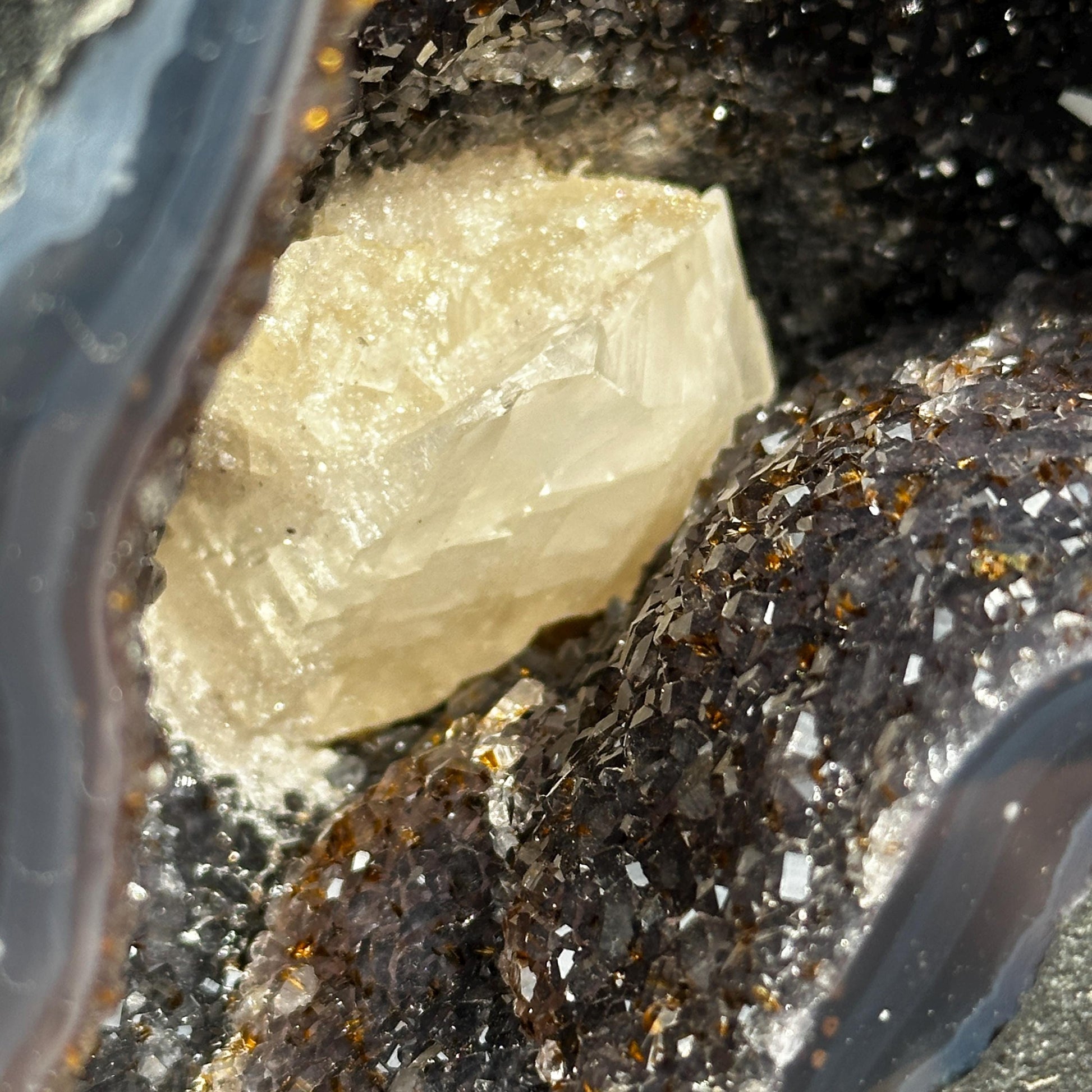 Matching Brazilian Amethyst Geode Pair, Rare Calcite & Golden Rutile Symbiosis Crystal Cave Set, Feng Shui Wealth Gates Exact Set 14.1lb - view 5