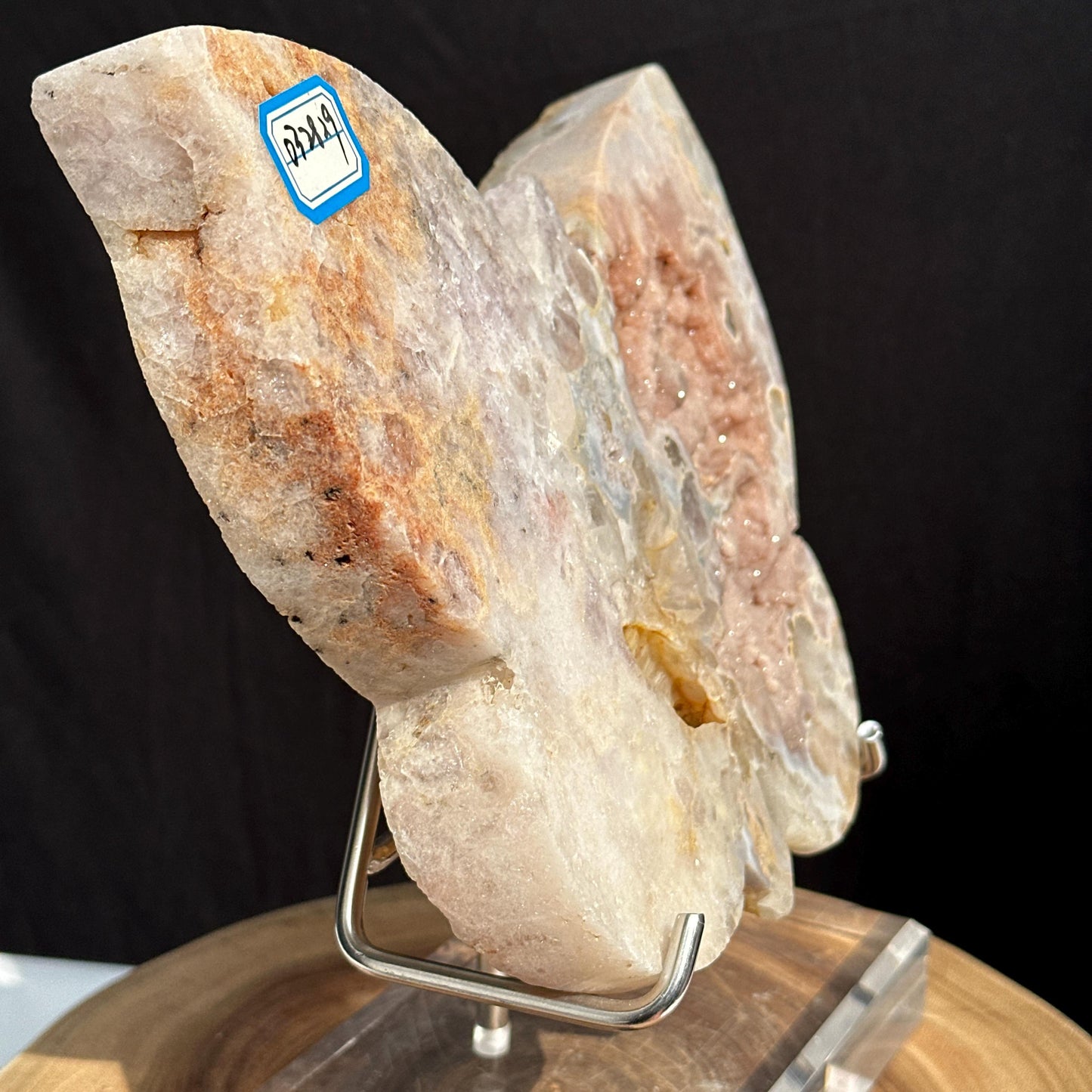 Massive Botryoidal Pink Amethyst Butterfly on Stand, Brazilian Sugar Druzy Crystal Wings, Polished Geode Freeform Decor Exact 4.63lb - view 9