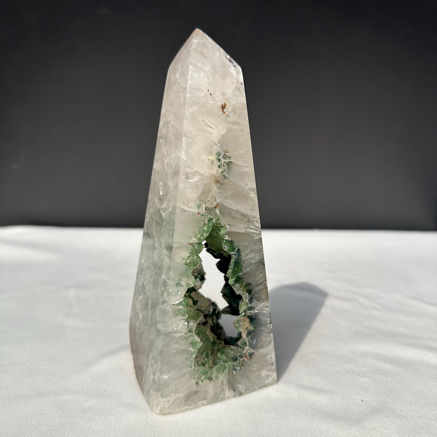 Green Sugar Druzy Geode Tower, Polished Brazilian Crystal Obelisk with Sparkling Cave, Aesthetic Healing Decor Exact Specimen 0.97lb