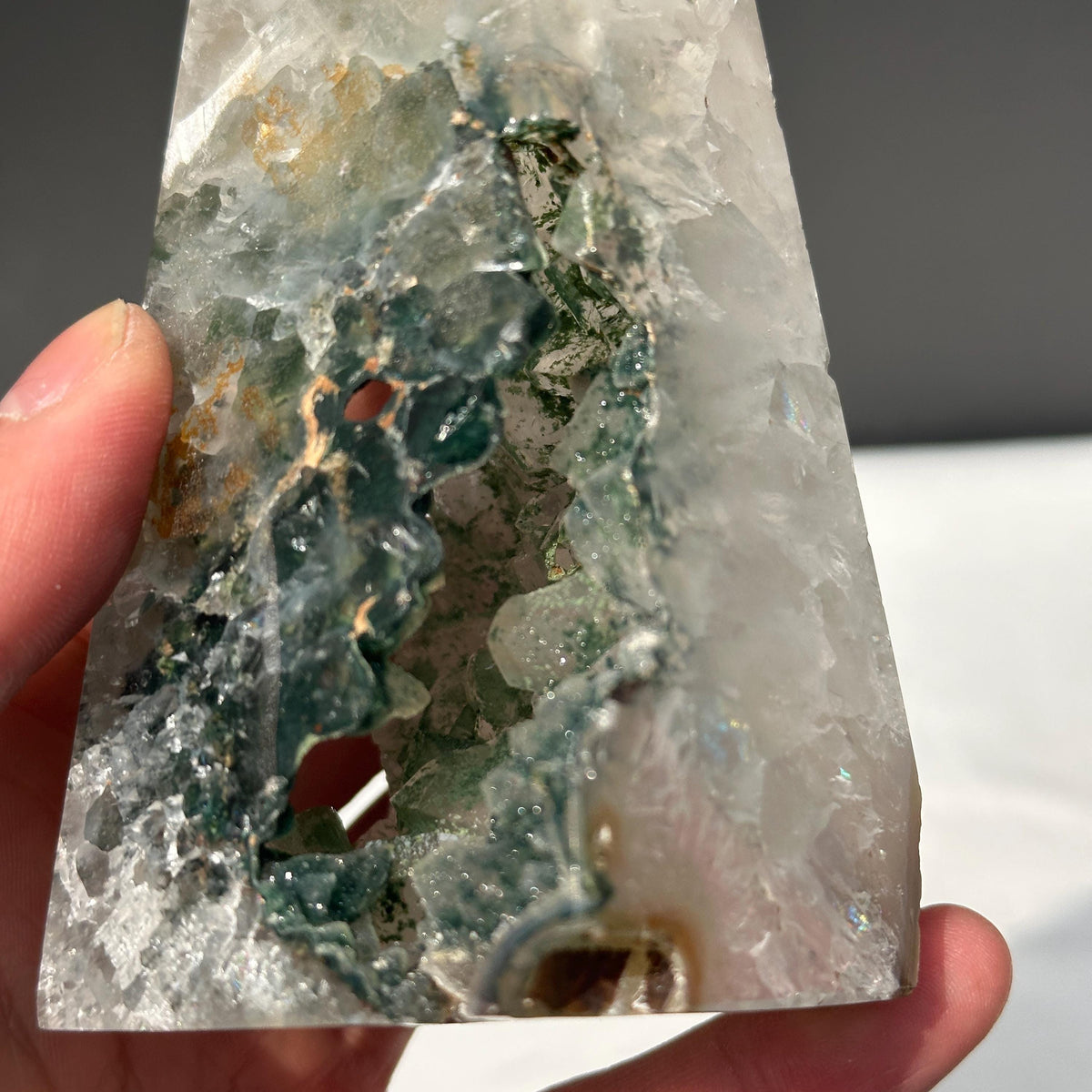 Green Sugar Druzy Geode Tower, Polished Brazilian Crystal Obelisk with Sparkling Cave, Aesthetic Healing Decor Exact Specimen 0.97lb - view 6