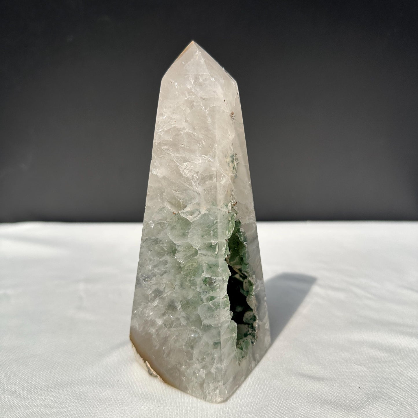 Green Sugar Druzy Geode Tower, Polished Brazilian Crystal Obelisk with Sparkling Cave, Aesthetic Healing Decor Exact Specimen 0.97lb
