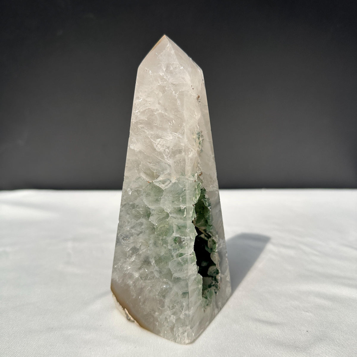 Green Sugar Druzy Geode Tower, Polished Brazilian Crystal Obelisk with Sparkling Cave, Aesthetic Healing Decor Exact Specimen 0.97lb - view 4