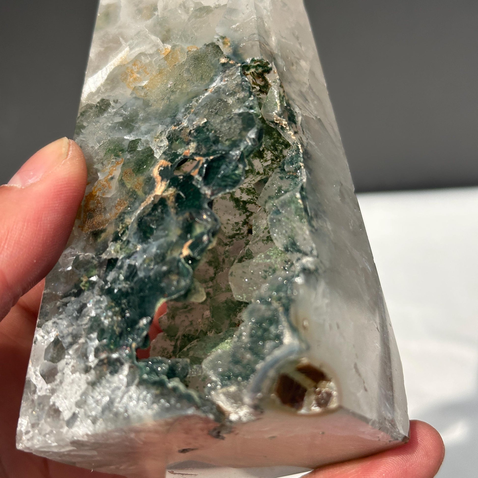 Green Sugar Druzy Geode Tower, Polished Brazilian Crystal Obelisk with Sparkling Cave, Aesthetic Healing Decor Exact Specimen 0.97lb - view 7