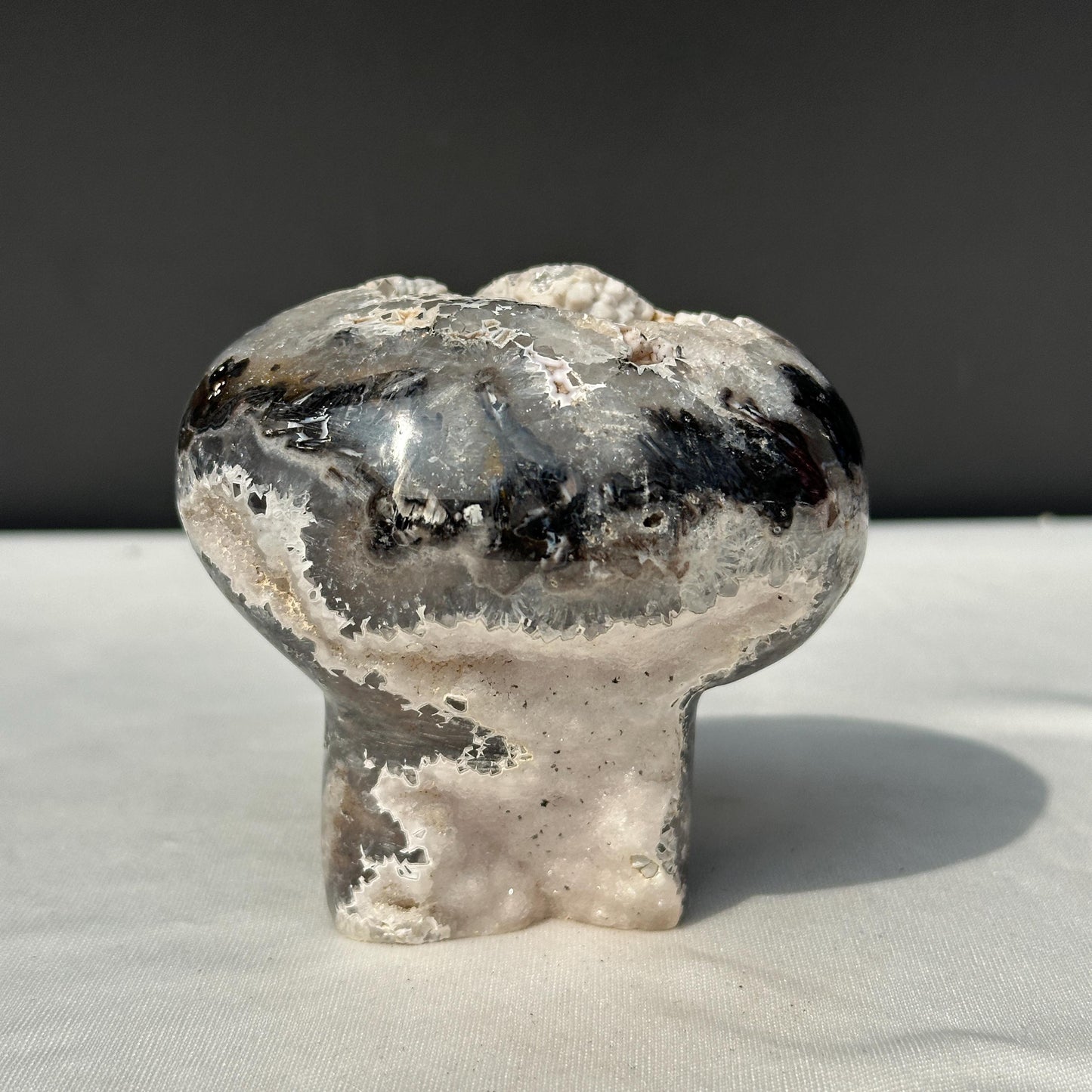 Hand-Carved White Sugar Druzy Agate Mushroom, Polished Brazilian Crystal Geode Decor, Fairy Core Mineral Specimen Exact 0.94lb