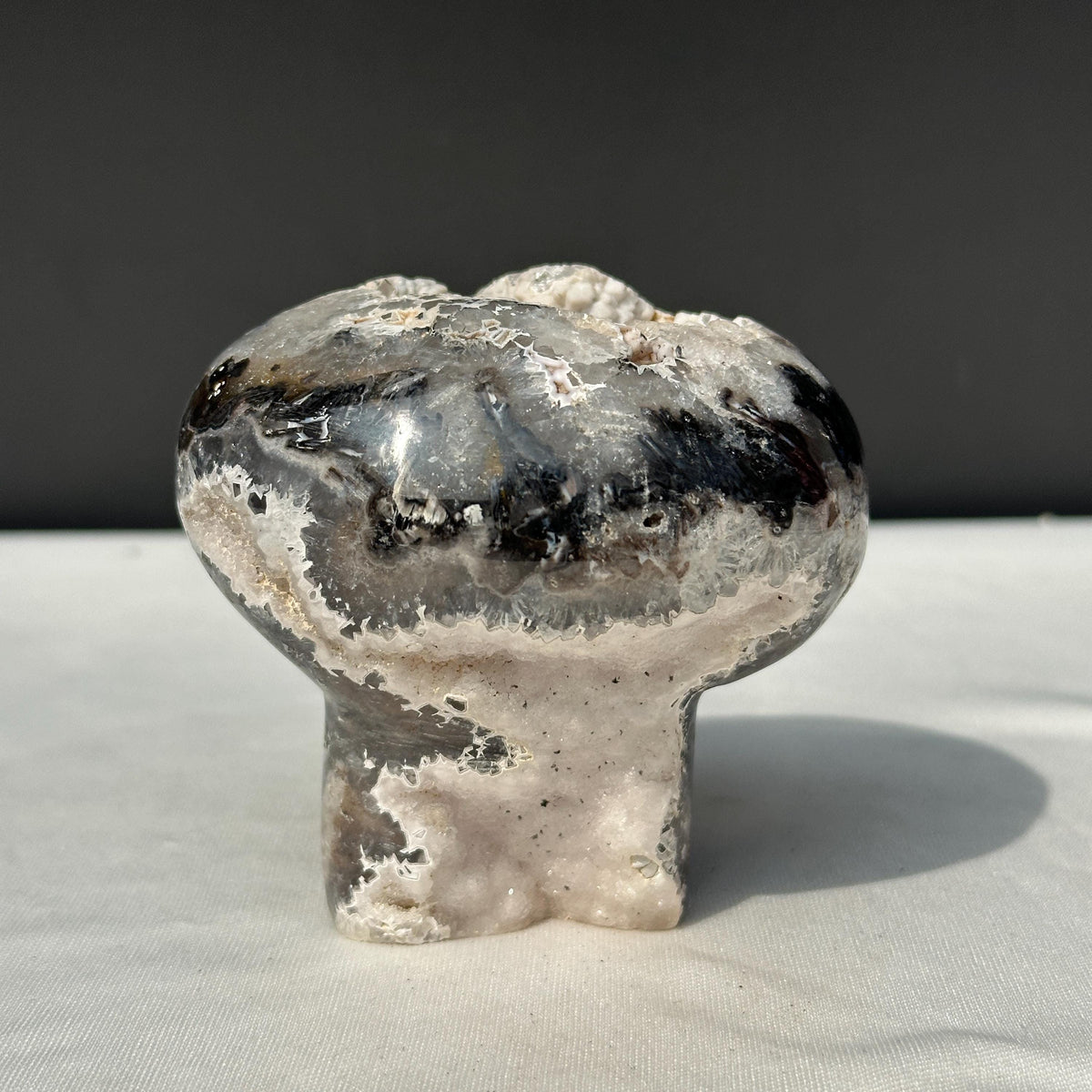 Hand-Carved White Sugar Druzy Agate Mushroom, Polished Brazilian Crystal Geode Decor, Fairy Core Mineral Specimen Exact 0.94lb - view 1