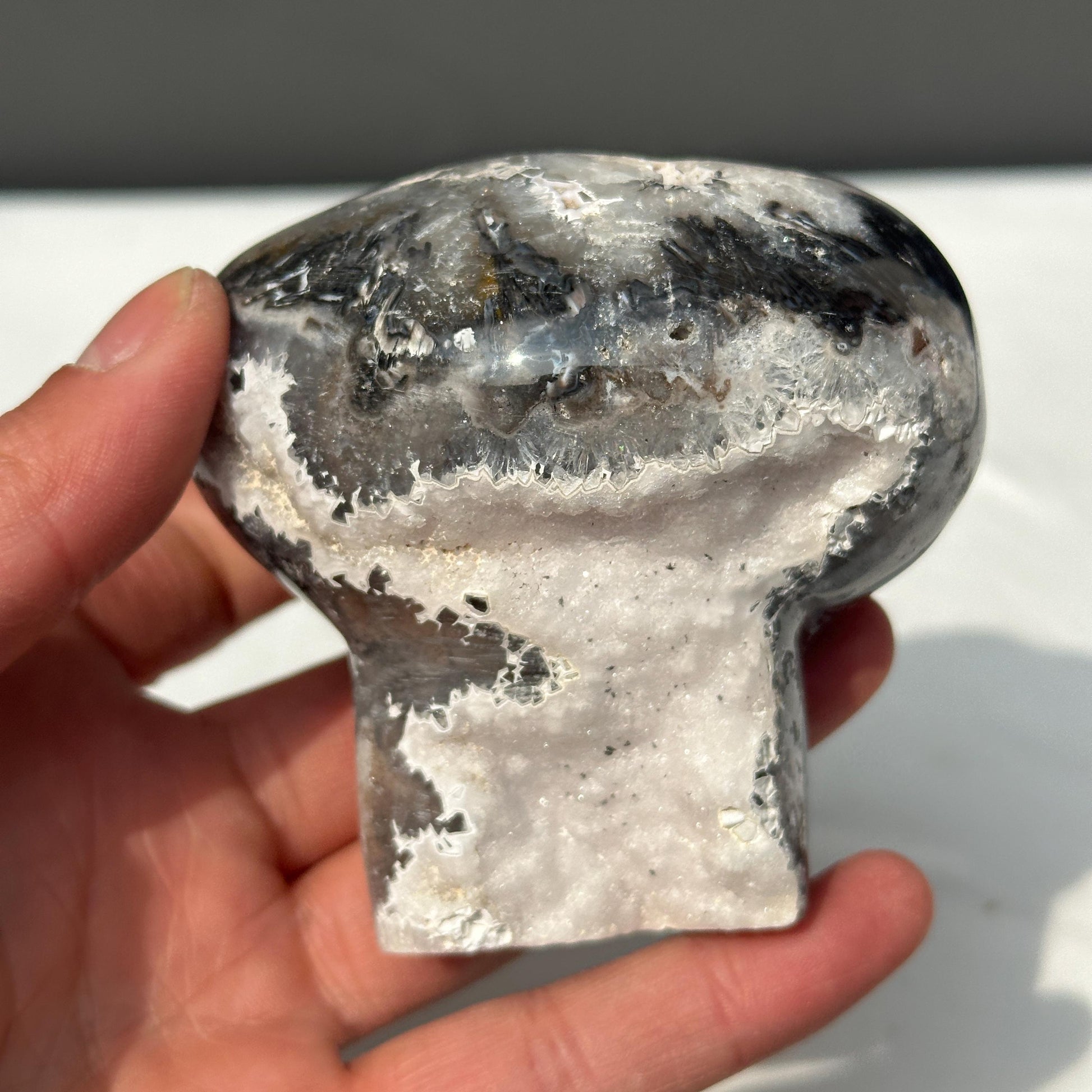 Hand-Carved White Sugar Druzy Agate Mushroom, Polished Brazilian Crystal Geode Decor, Fairy Core Mineral Specimen Exact 0.94lb - view 2