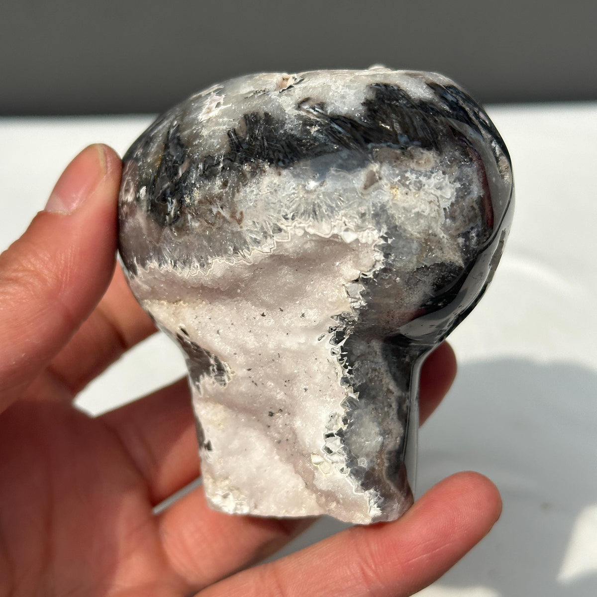 Hand-Carved White Sugar Druzy Agate Mushroom, Polished Brazilian Crystal Geode Decor, Fairy Core Mineral Specimen Exact 0.94lb - view 3