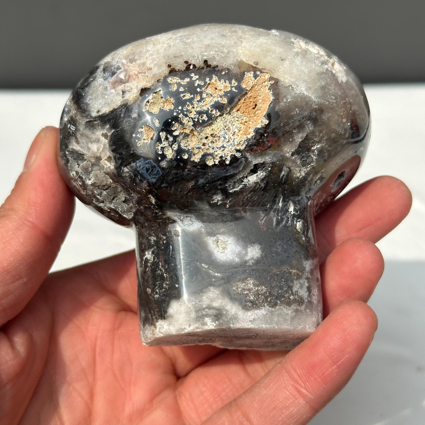 Hand-Carved White Sugar Druzy Agate Mushroom, Polished Brazilian Crystal Geode Decor, Fairy Core Mineral Specimen Exact 0.94lb