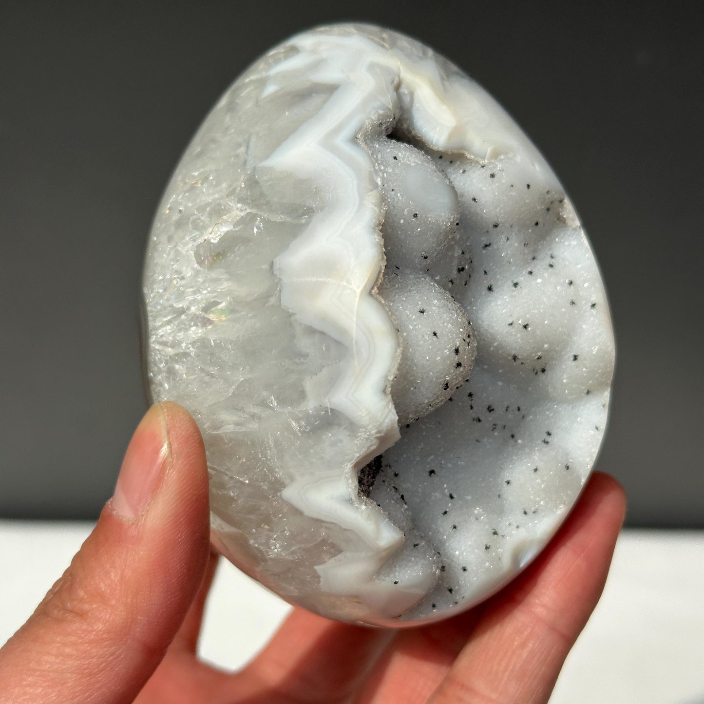 White Sugar Druzy Agate Dragon Egg, Polished Brazilian Crystal Geode Cave with Free Stand, Fairy Core Mineral Decor Exact 1.36lb