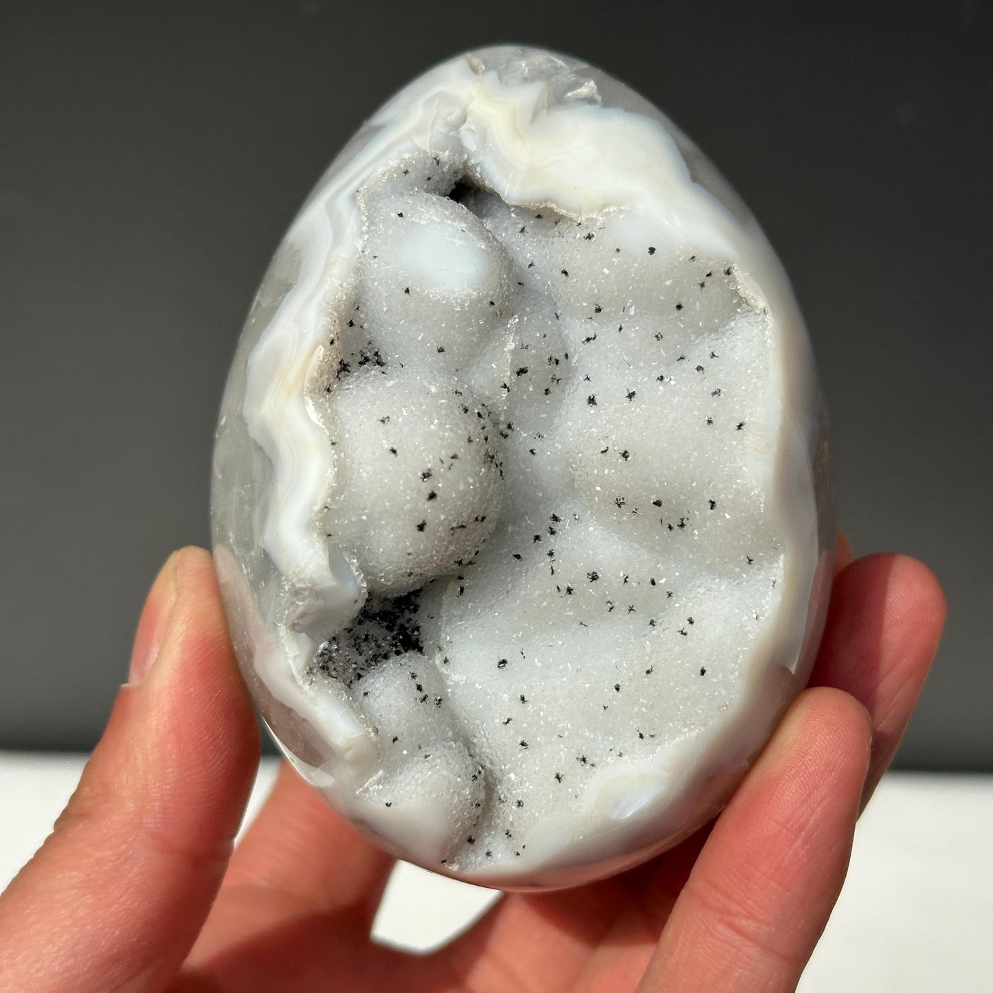 White Sugar Druzy Agate Dragon Egg, Polished Brazilian Crystal Geode Cave with Free Stand, Fairy Core Mineral Decor Exact 1.36lb