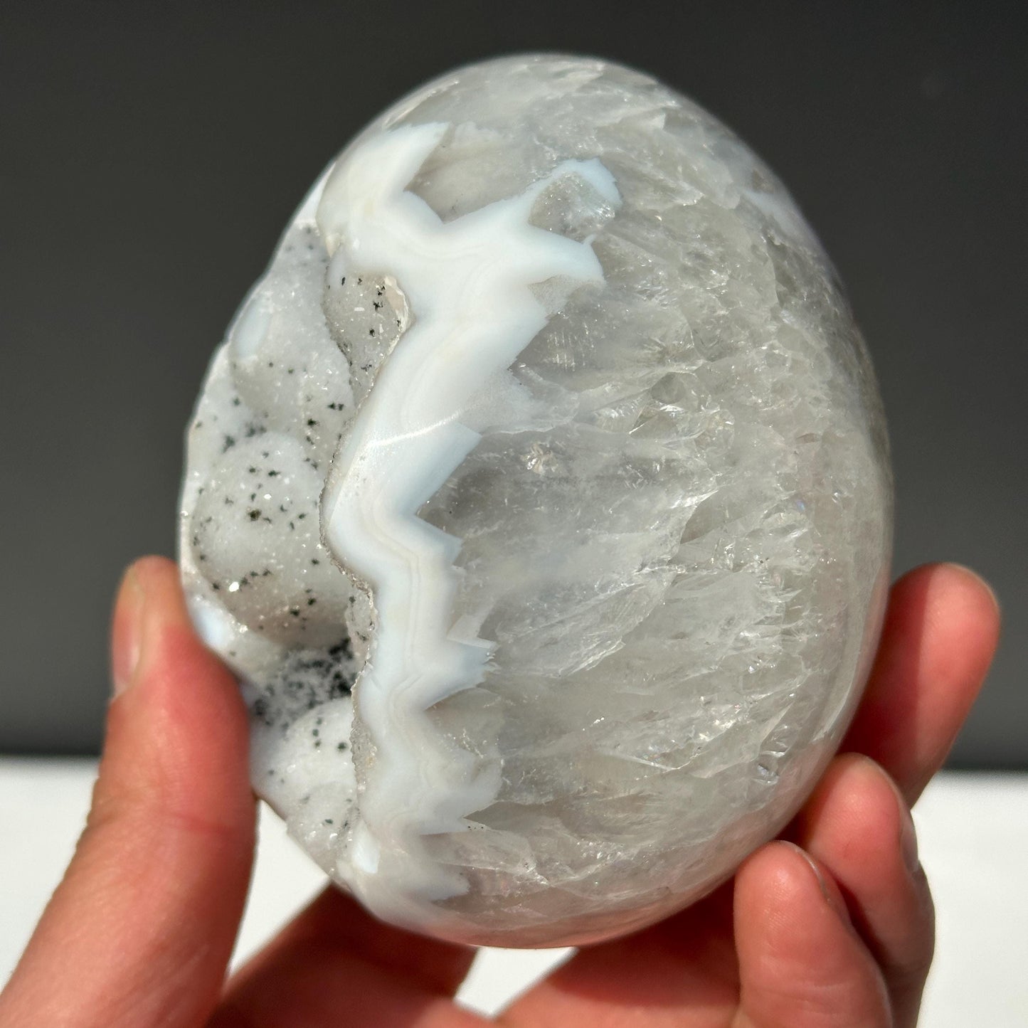 White Sugar Druzy Agate Dragon Egg, Polished Brazilian Crystal Geode Cave with Free Stand, Fairy Core Mineral Decor Exact 1.36lb