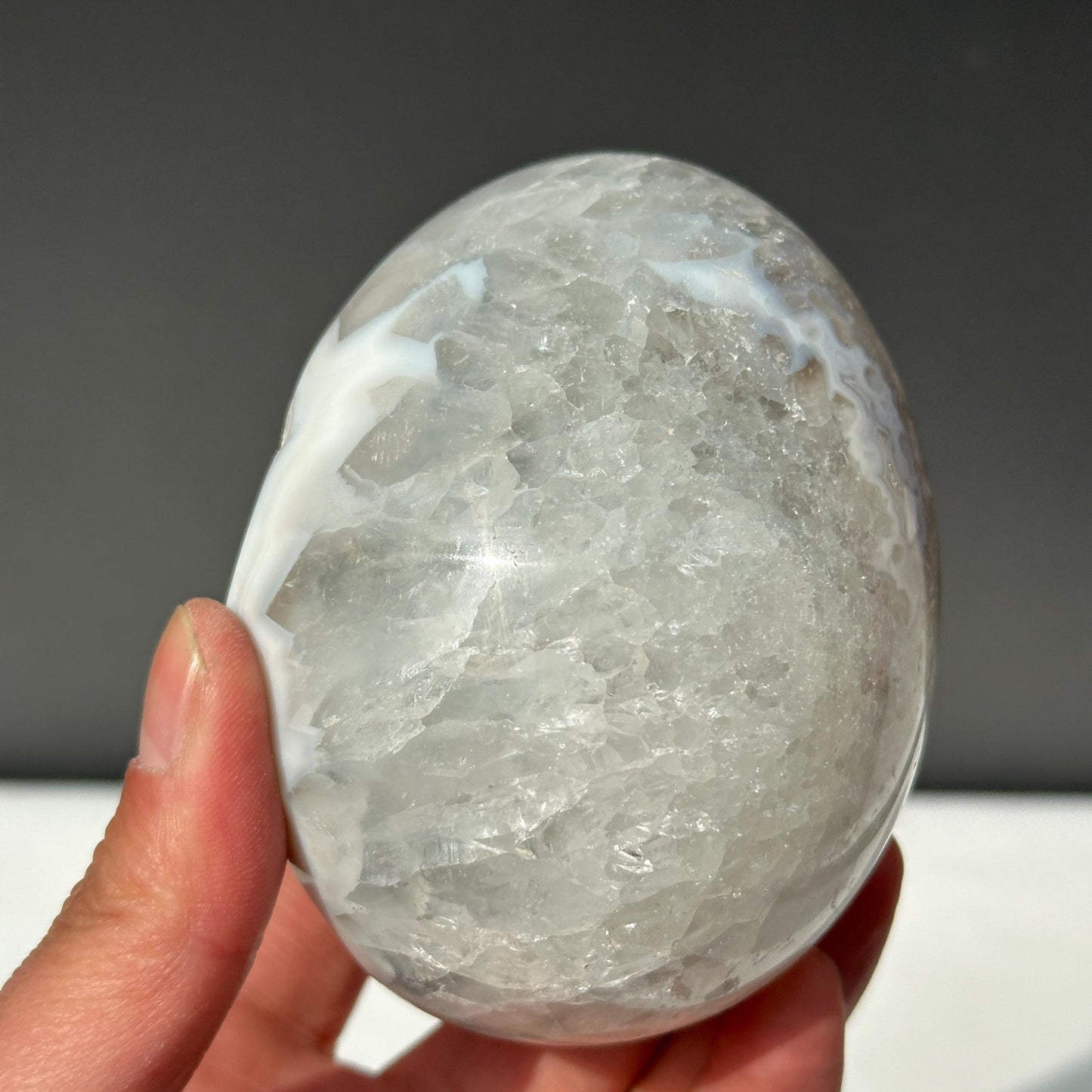 White Sugar Druzy Agate Dragon Egg, Polished Brazilian Crystal Geode Cave with Free Stand, Fairy Core Mineral Decor Exact 1.36lb