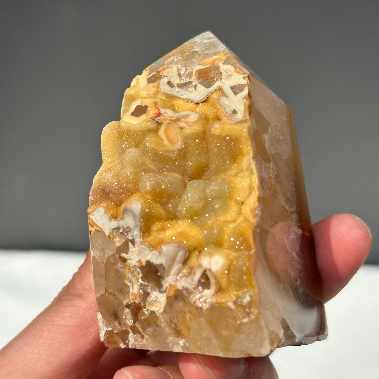 Yellow Sugar Druzy Agate Tower, Botryoidal Brazilian Crystal Obelisk, Half Polished Geode Point, Golden Decor Exact Specimen 0.67lb - view 6