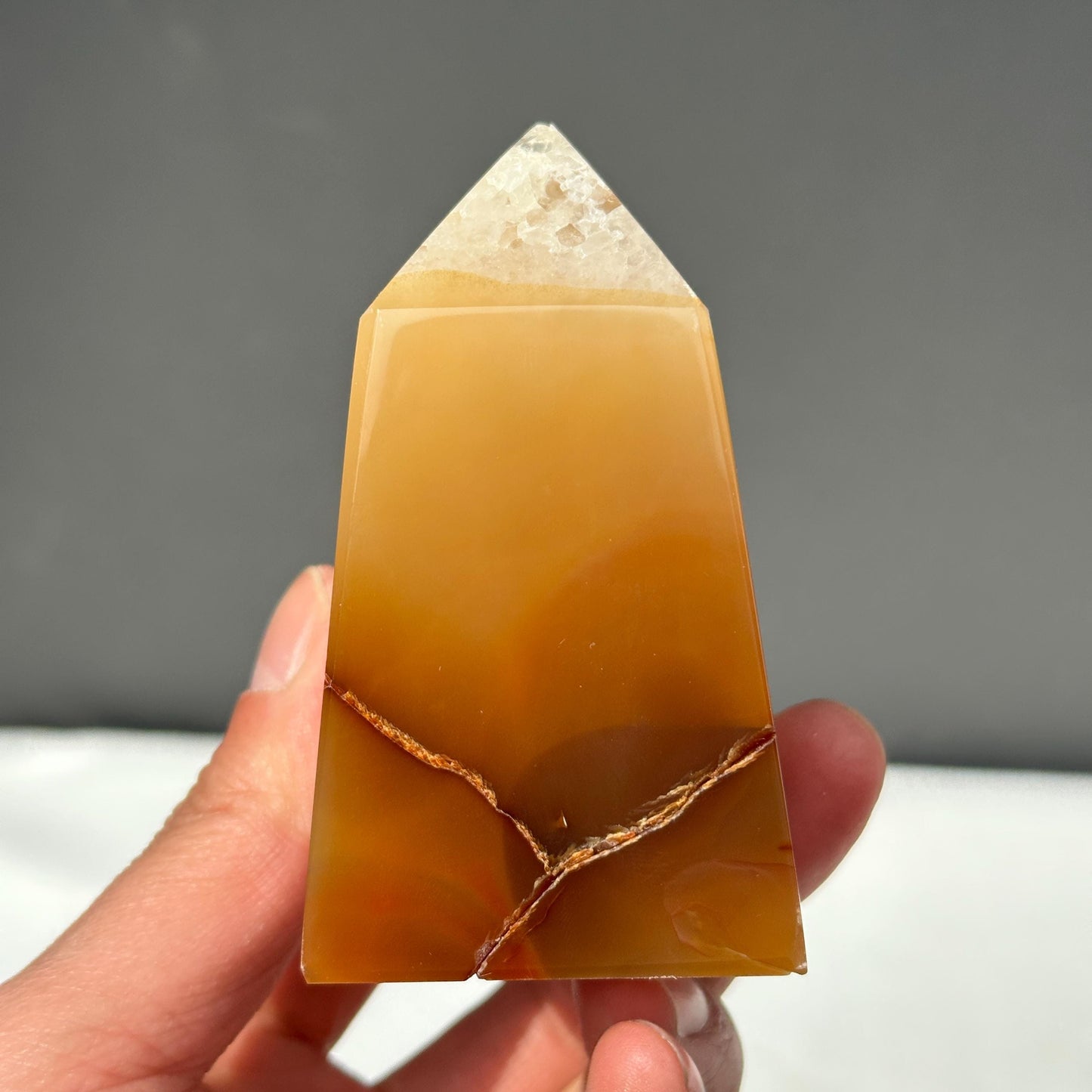 Yellow Sugar Druzy Agate Tower, Botryoidal Brazilian Crystal Obelisk, Half Polished Geode Point, Golden Decor Exact Specimen 0.67lb - view 4