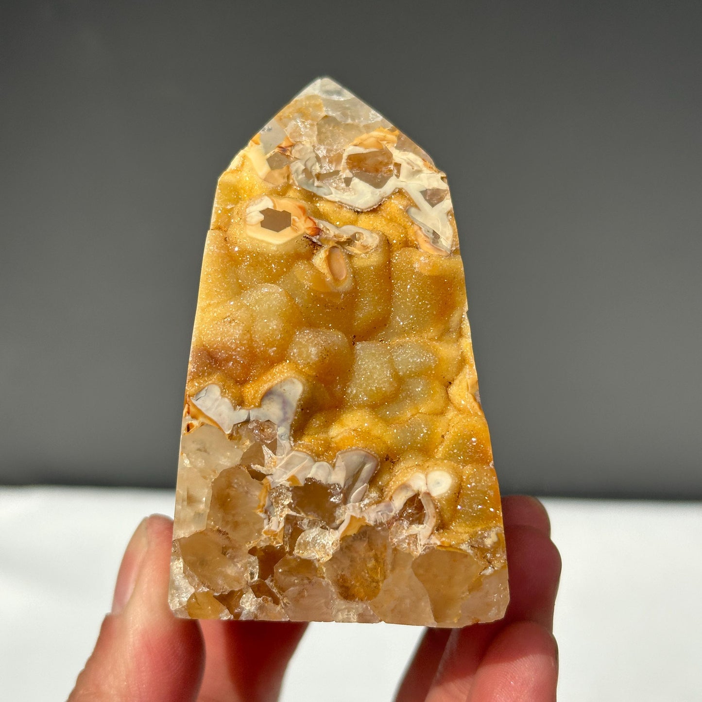 Yellow Sugar Druzy Agate Tower, Botryoidal Brazilian Crystal Obelisk, Half Polished Geode Point, Golden Decor Exact Specimen 0.67lb