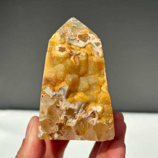 Yellow Sugar Druzy Agate Tower, Botryoidal Brazilian Crystal Obelisk, Half Polished Geode Point, Golden Decor Exact Specimen 0.67lb