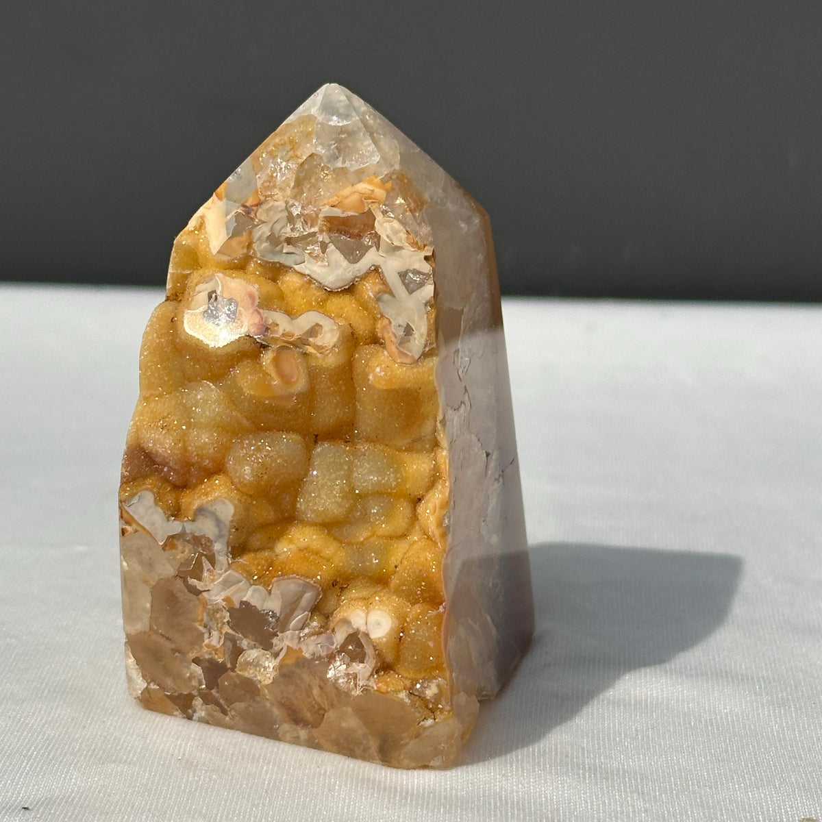 Yellow Sugar Druzy Agate Tower, Botryoidal Brazilian Crystal Obelisk, Half Polished Geode Point, Golden Decor Exact Specimen 0.67lb - view 7