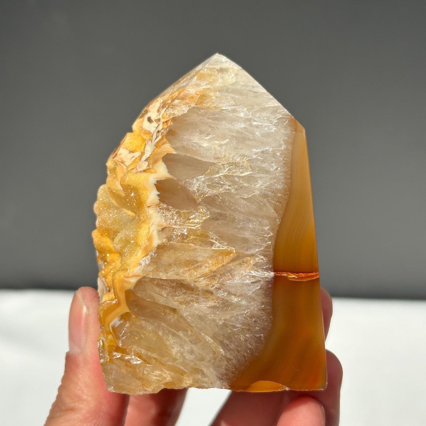 Yellow Sugar Druzy Agate Tower, Botryoidal Brazilian Crystal Obelisk, Half Polished Geode Point, Golden Decor Exact Specimen 0.67lb