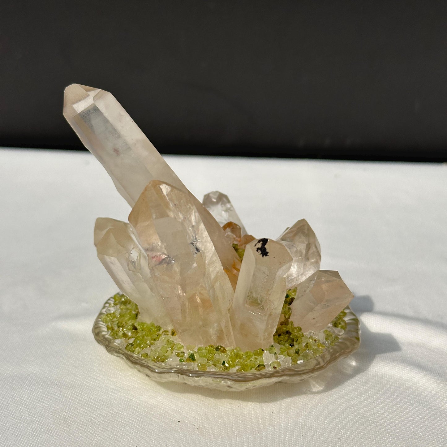 Clear Quartz Cluster Night Light with Prehnite Chips, Brazilian Crystal LED Lamp with USB Wooden Base, Healing Decor Exact 0.71lb