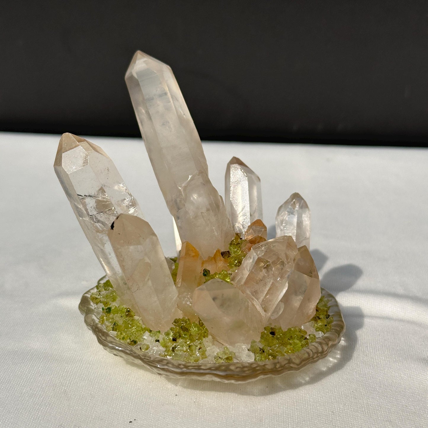 Clear Quartz Cluster Night Light with Prehnite Chips, Brazilian Crystal LED Lamp with USB Wooden Base, Healing Decor Exact 0.71lb