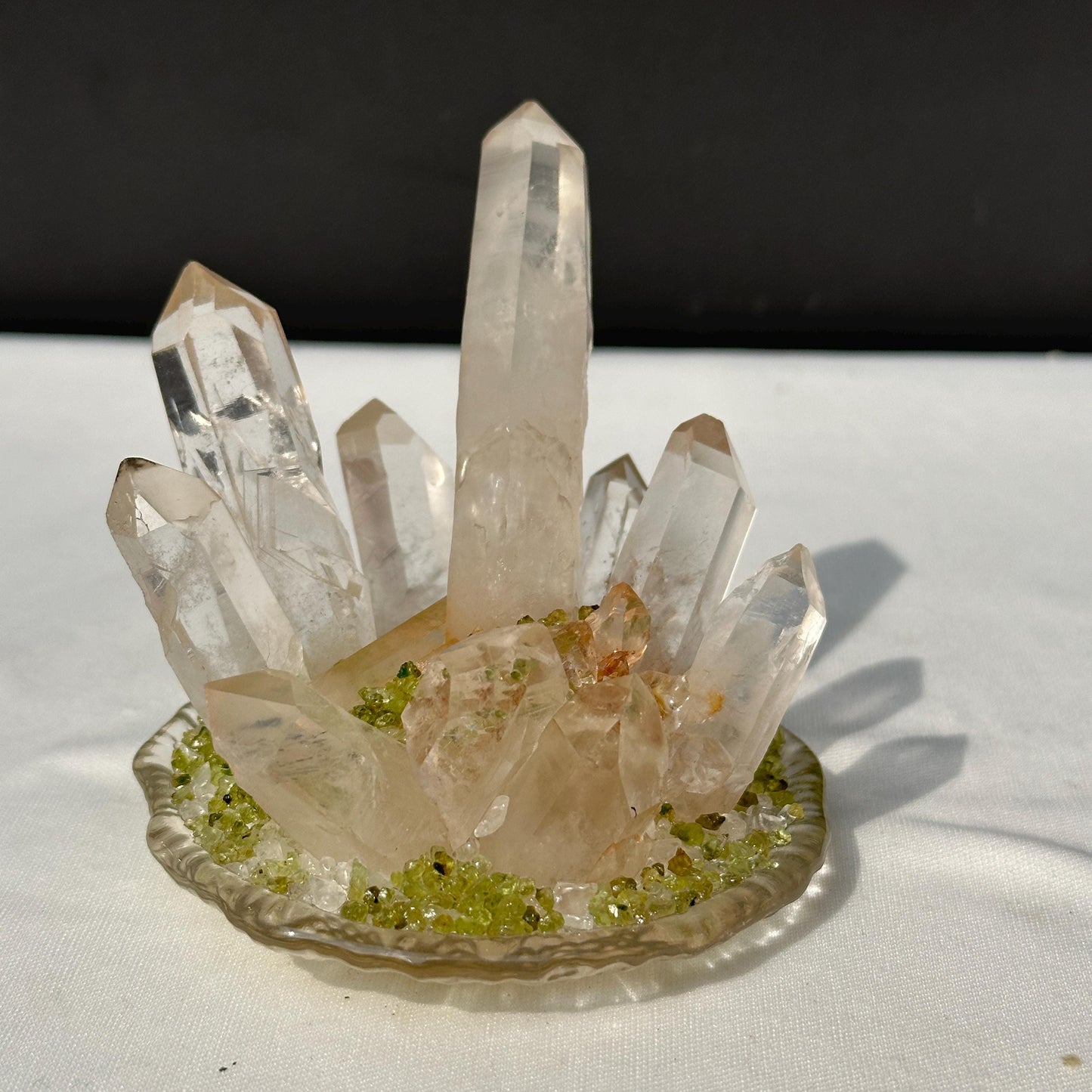 Clear Quartz Cluster Night Light with Prehnite Chips, Brazilian Crystal LED Lamp with USB Wooden Base, Healing Decor Exact 0.71lb