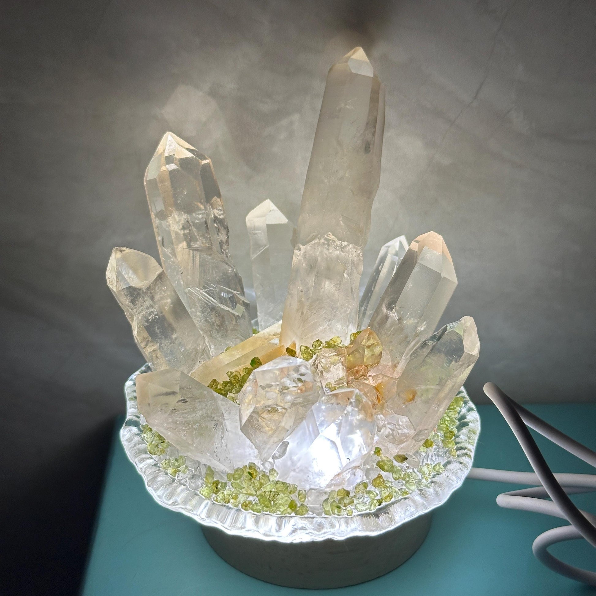Clear Quartz Cluster Night Light with Prehnite Chips, Brazilian Crystal LED Lamp with USB Wooden Base, Healing Decor Exact 0.71lb - view 9