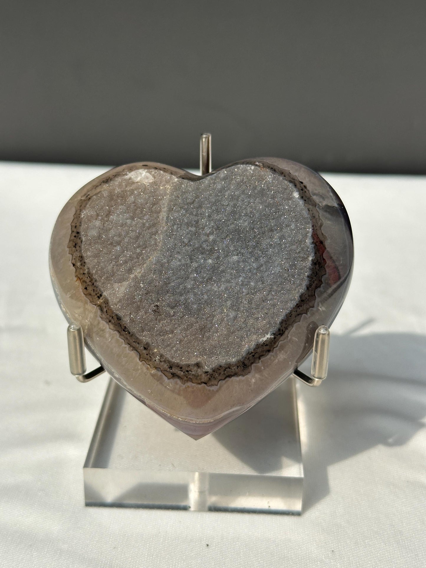 Rare Black Sugar Druzy Agate Heart with Stand, Polished Brazilian Geode Heart, Sparkling Botryoidal Mineral Decor Exact Specimen 0.67lb