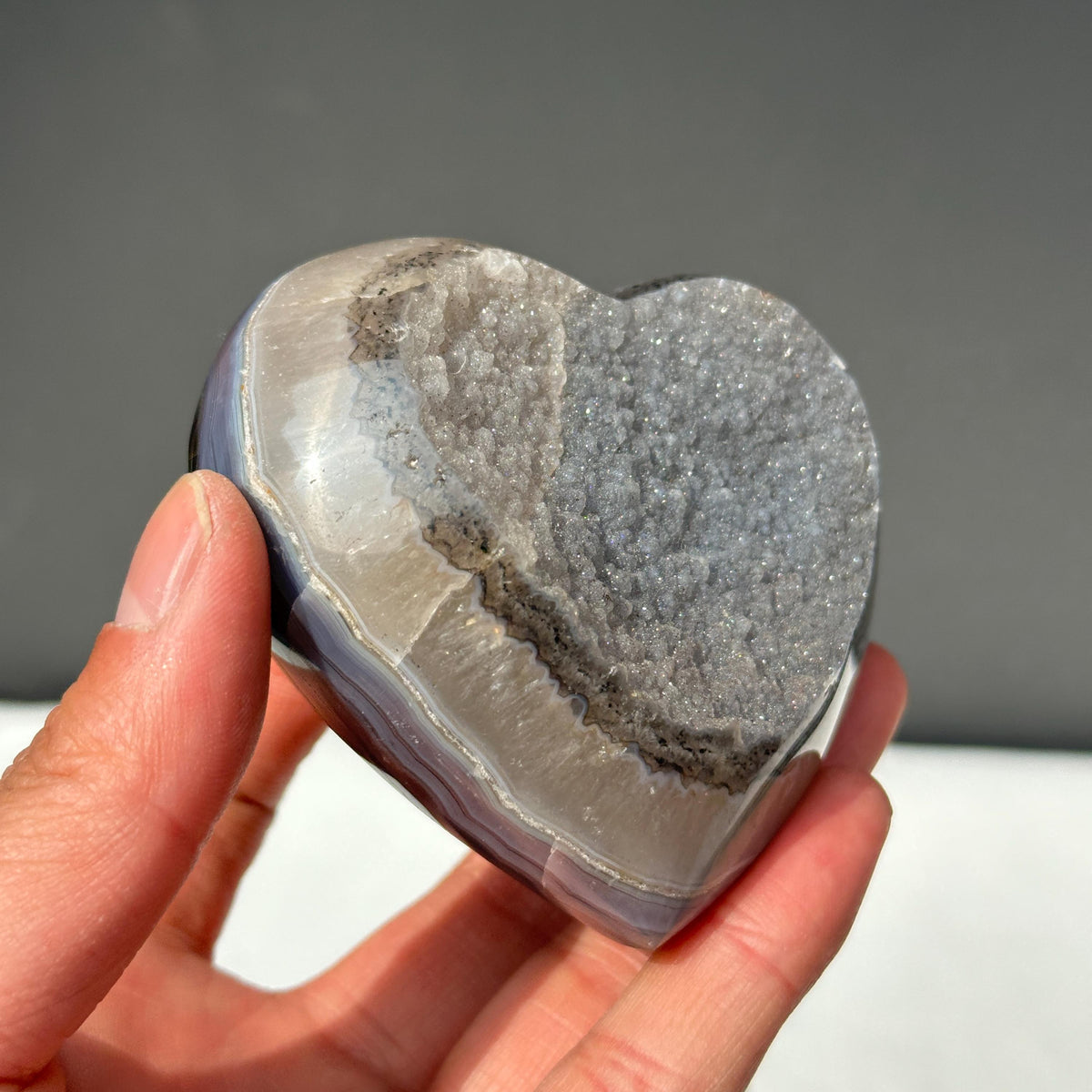 Rare Black Sugar Druzy Agate Heart with Stand, Polished Brazilian Geode Heart, Sparkling Botryoidal Mineral Decor Exact Specimen 0.67lb - view 9