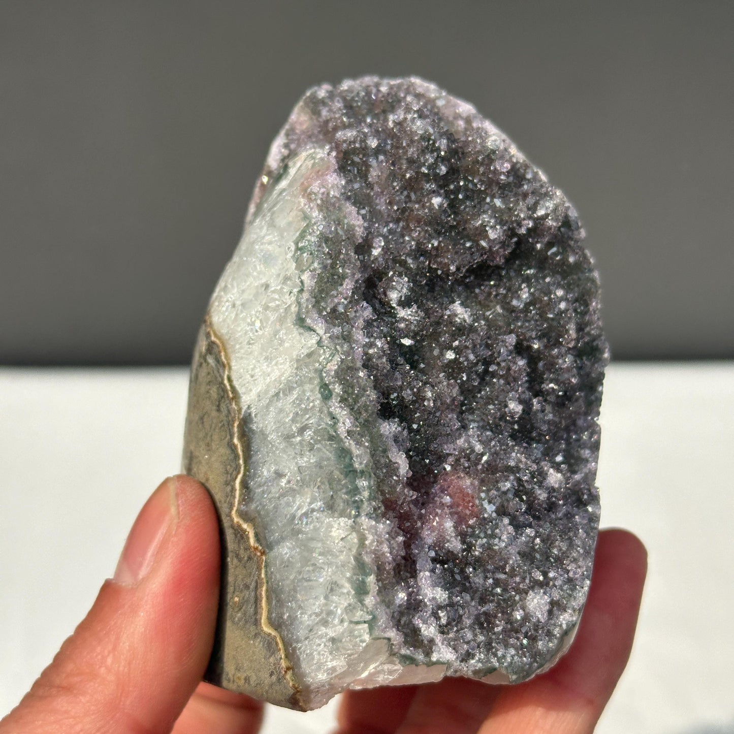 Rare Polychrome Uruguayan Amethyst, Red & Green Hematite Symbiosis Cluster, Polished Geode Edge, Unique Healing Mineral Specimen 0.82lb - view 2