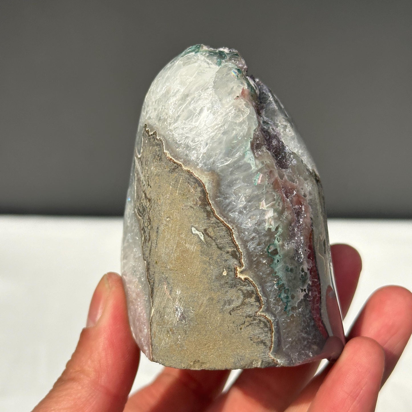 Rare Polychrome Uruguayan Amethyst, Red & Green Hematite Symbiosis Cluster, Polished Geode Edge, Unique Healing Mineral Specimen 0.82lb - view 6