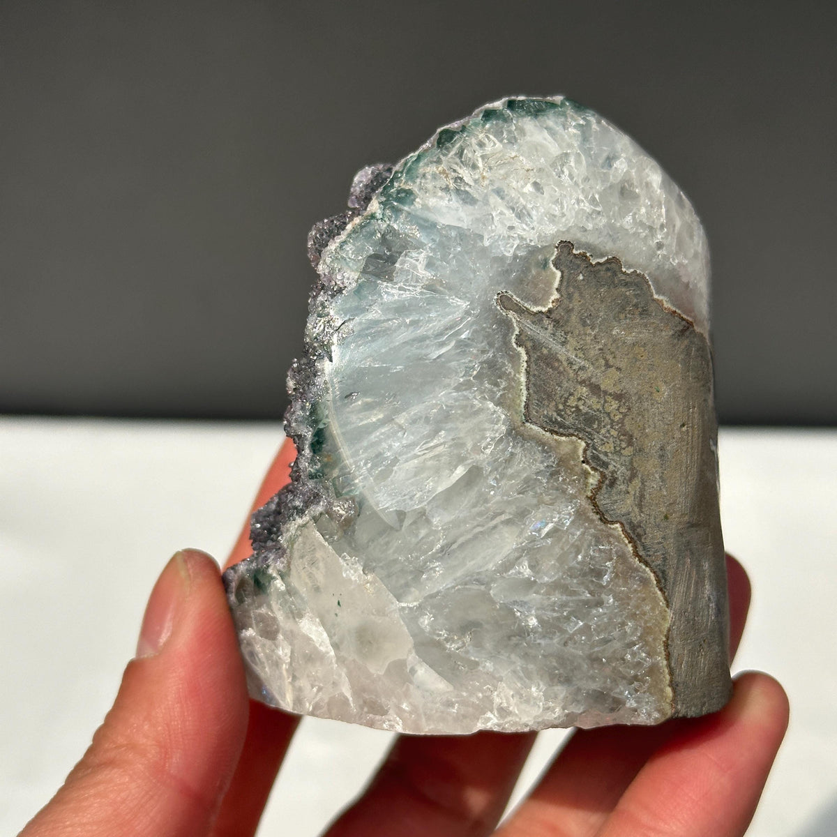 Rare Polychrome Uruguayan Amethyst, Red & Green Hematite Symbiosis Cluster, Polished Geode Edge, Unique Healing Mineral Specimen 0.82lb - view 7