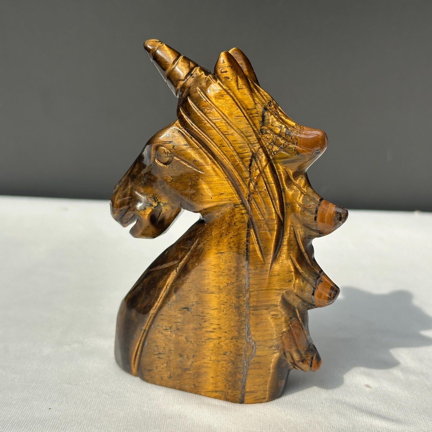Hand-Carved Tiger's Eye Unicorn Statue, Golden Chatoyant Brazilian Crystal Fantasy Sculpture, Protective Spirit Animal Decor Exact 0.70lb - view 2