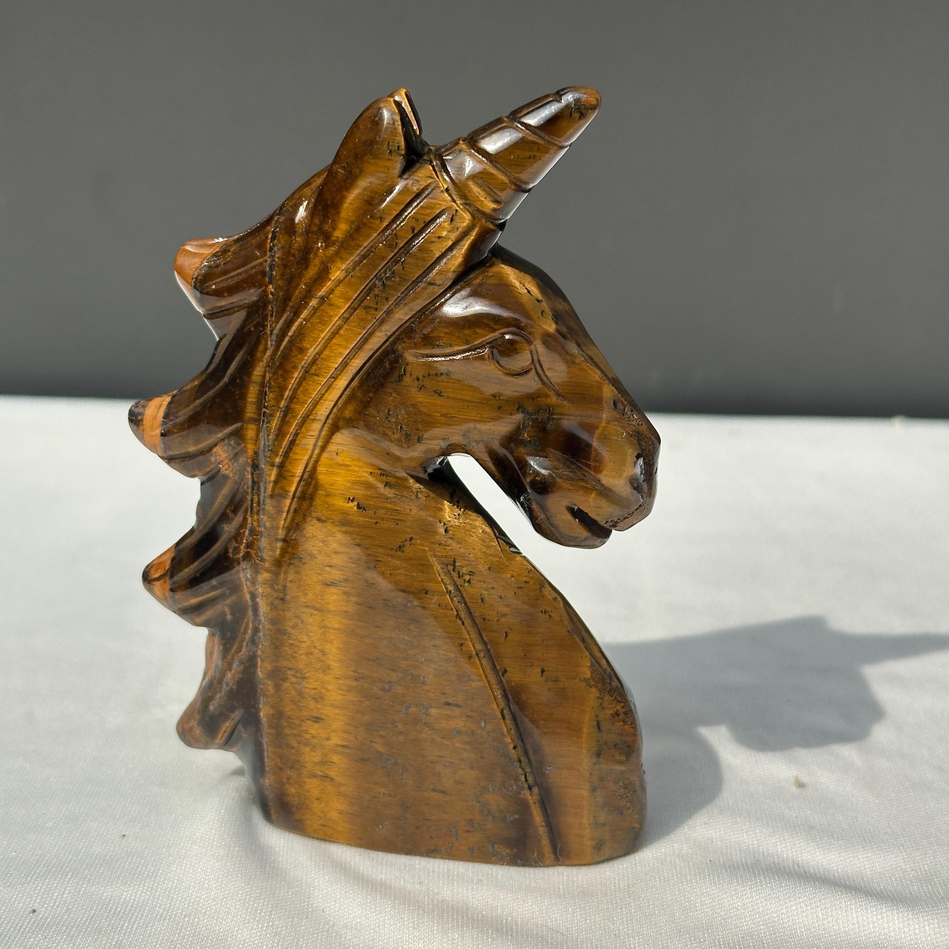 Hand-Carved Tiger's Eye Unicorn Statue, Golden Chatoyant Brazilian Crystal Fantasy Sculpture, Protective Spirit Animal Decor Exact 0.70lb - view 5