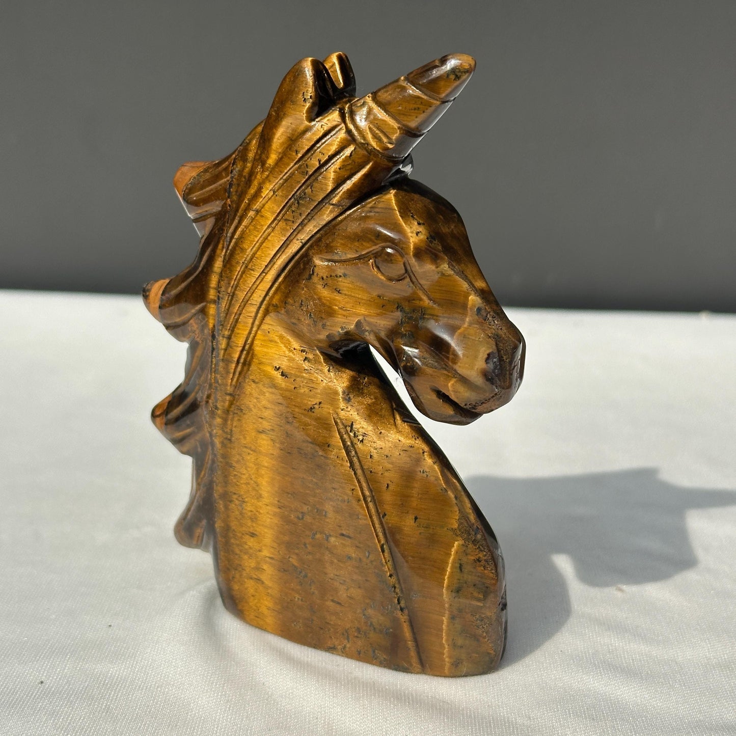 Hand-Carved Tiger's Eye Unicorn Statue, Golden Chatoyant Brazilian Crystal Fantasy Sculpture, Protective Spirit Animal Decor Exact 0.70lb