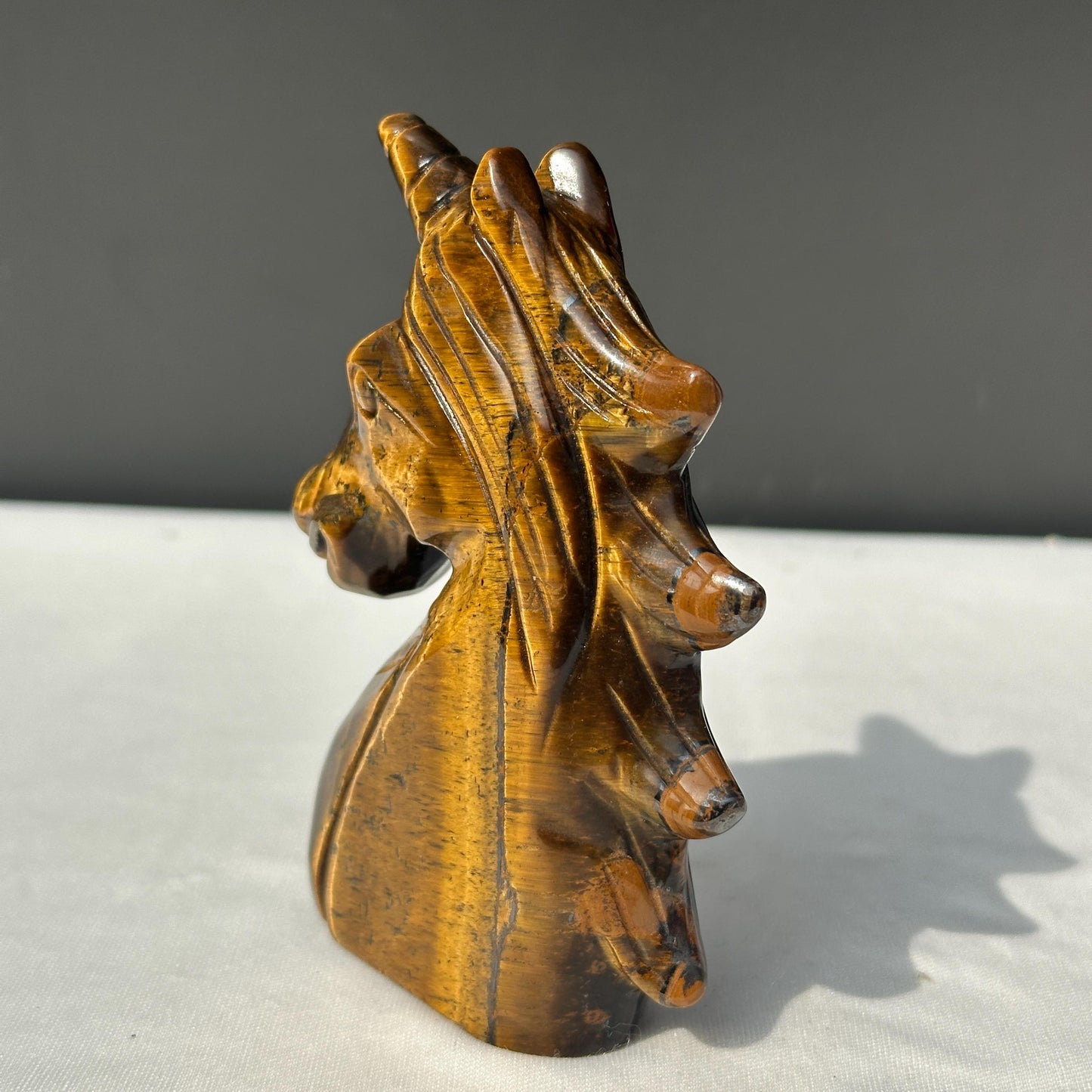 Hand-Carved Tiger's Eye Unicorn Statue, Golden Chatoyant Brazilian Crystal Fantasy Sculpture, Protective Spirit Animal Decor Exact 0.70lb