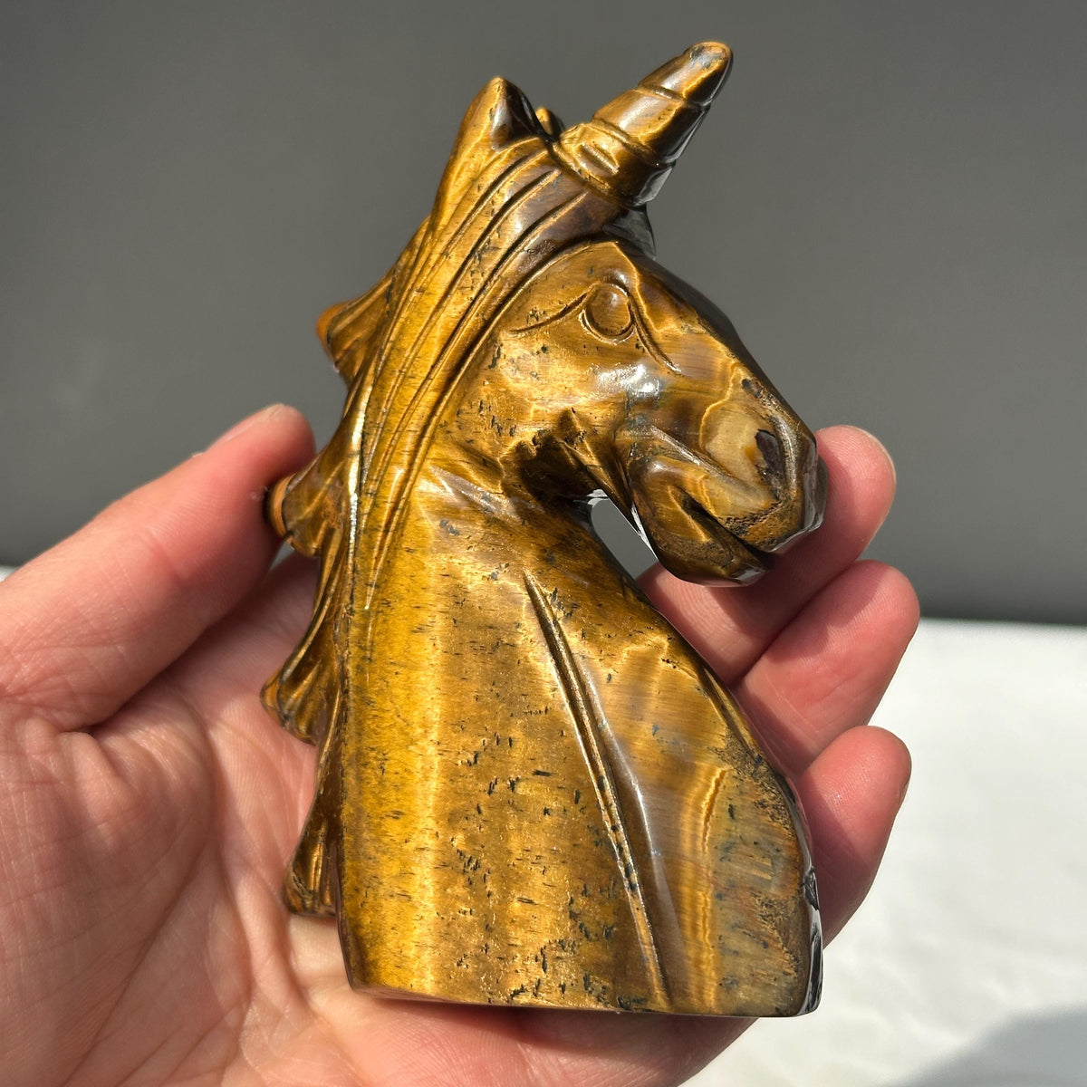 Hand-Carved Tiger's Eye Unicorn Statue, Golden Chatoyant Brazilian Crystal Fantasy Sculpture, Protective Spirit Animal Decor Exact 0.70lb - view 9