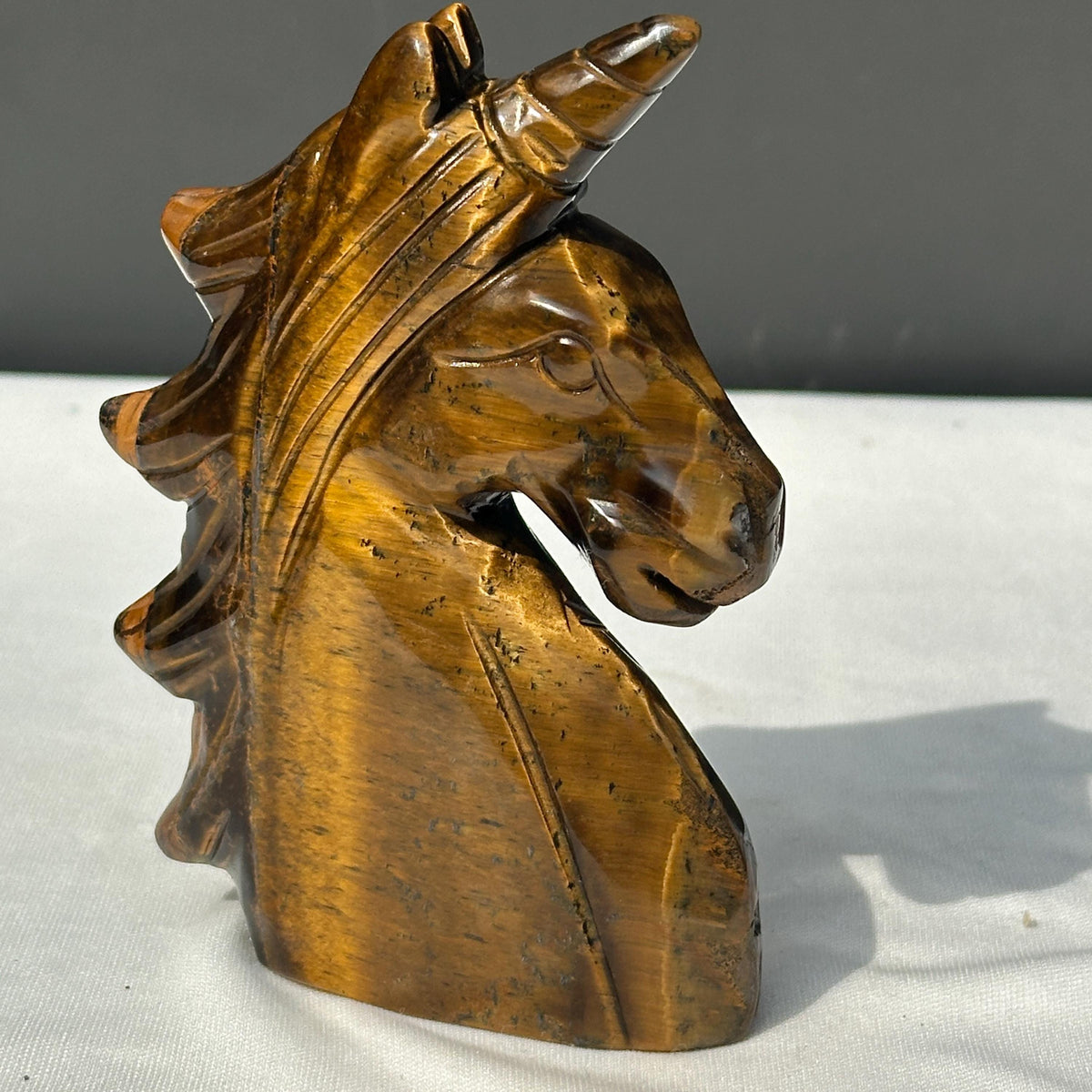 Hand-Carved Tiger's Eye Unicorn Statue, Golden Chatoyant Brazilian Crystal Fantasy Sculpture, Protective Spirit Animal Decor Exact 0.70lb - view 7