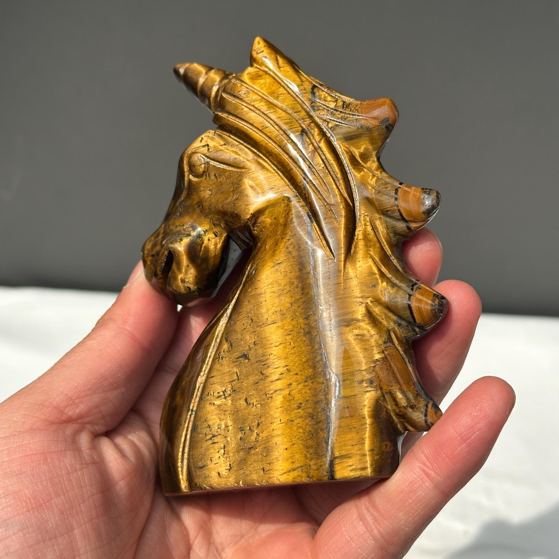 Hand-Carved Tiger's Eye Unicorn Statue, Golden Chatoyant Brazilian Crystal Fantasy Sculpture, Protective Spirit Animal Decor Exact 0.70lb - view 8