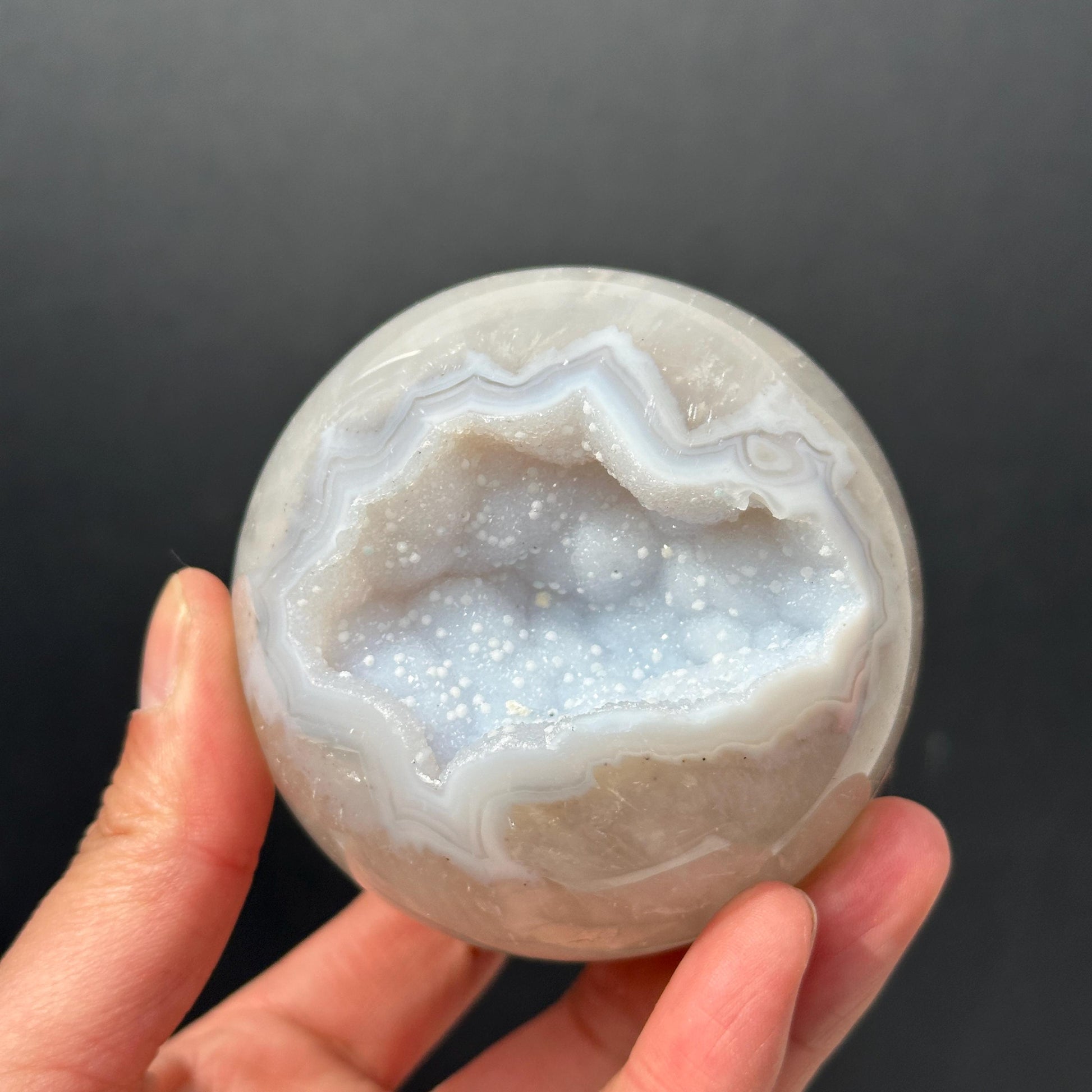 78mm White Sugar Druzy Agate Sphere, Large Open Mouth Geode Ball, Polished Brazilian Crystal Orb with Free Stand, Exact Specimen 1.36lb - view 1