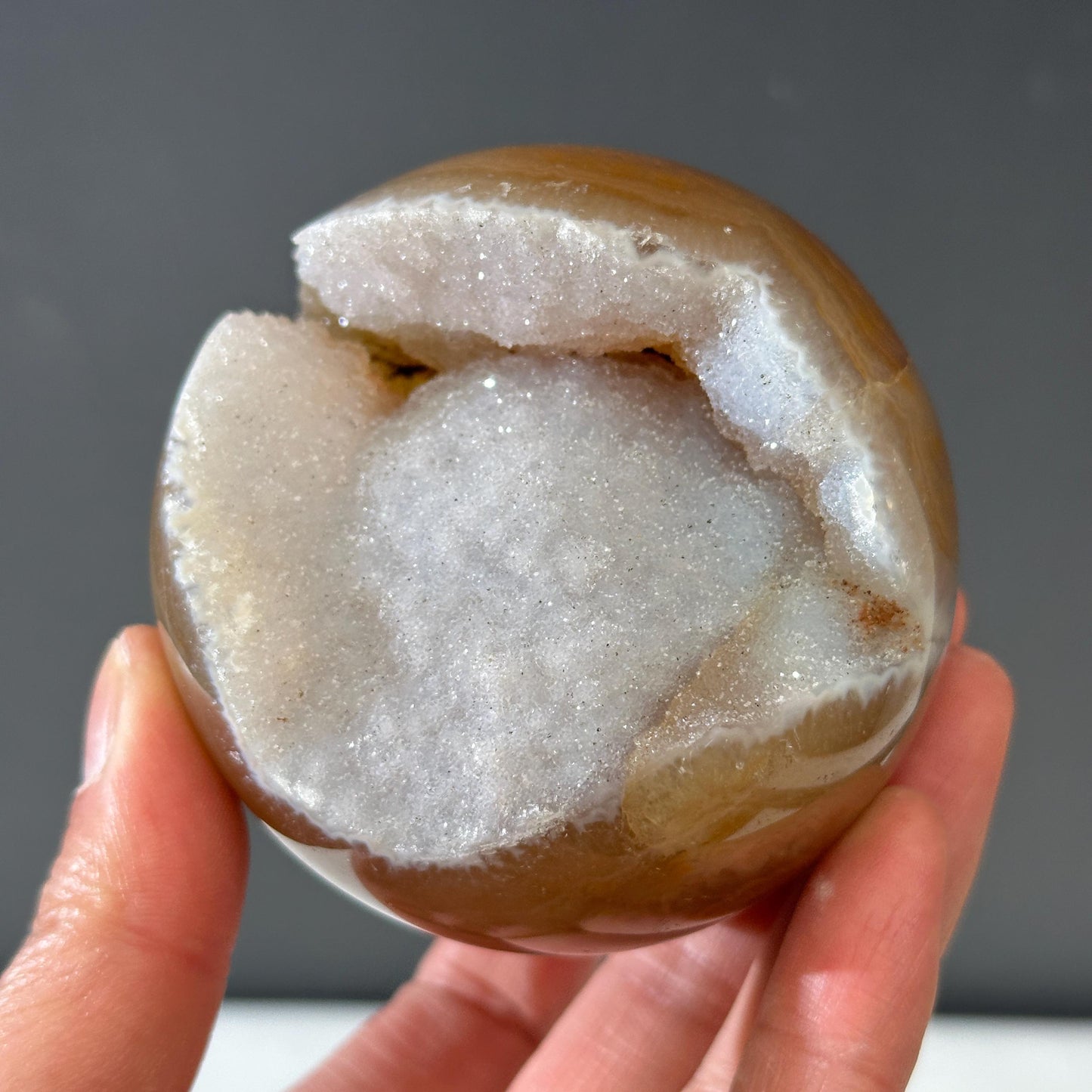 78mm White Sugar Druzy Agate Sphere with Stand, Large Open Mouth Geode Ball, Polished Brazilian Crystal Orb, Wealth Basin Exact 1.13lb