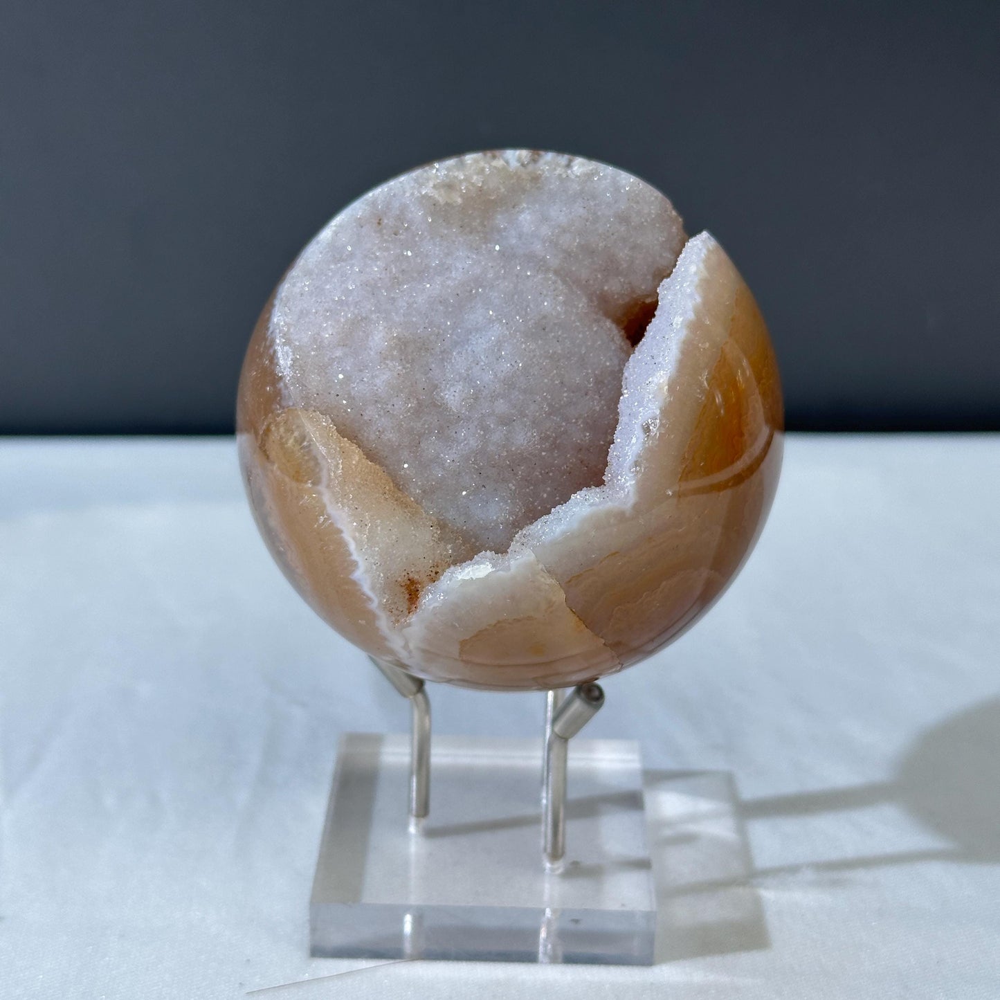 78mm White Sugar Druzy Agate Sphere with Stand, Large Open Mouth Geode Ball, Polished Brazilian Crystal Orb, Wealth Basin Exact 1.13lb