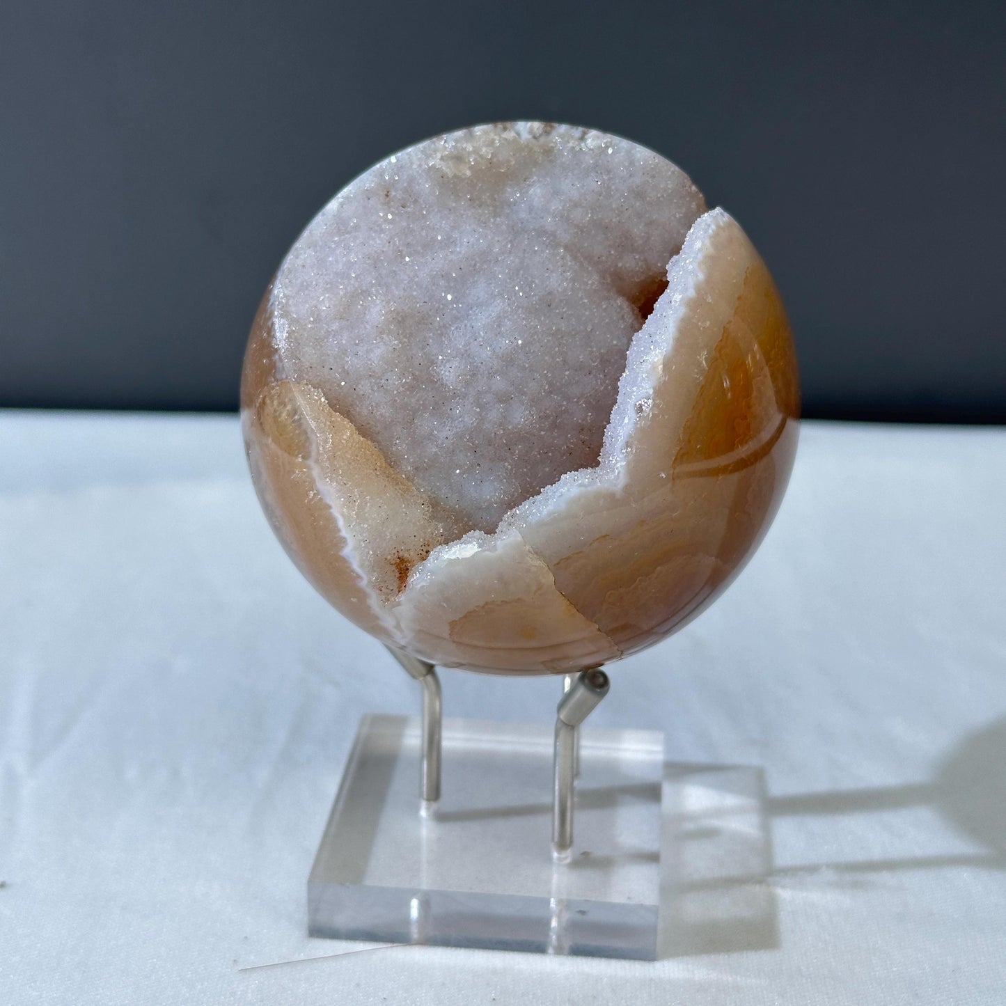 78mm White Sugar Druzy Agate Sphere with Stand, Large Open Mouth Geode Ball, Polished Brazilian Crystal Orb, Wealth Basin Exact 1.13lb