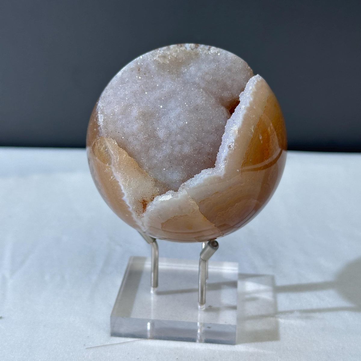 78mm White Sugar Druzy Agate Sphere with Stand, Large Open Mouth Geode Ball, Polished Brazilian Crystal Orb, Wealth Basin Exact 1.13lb - view 1