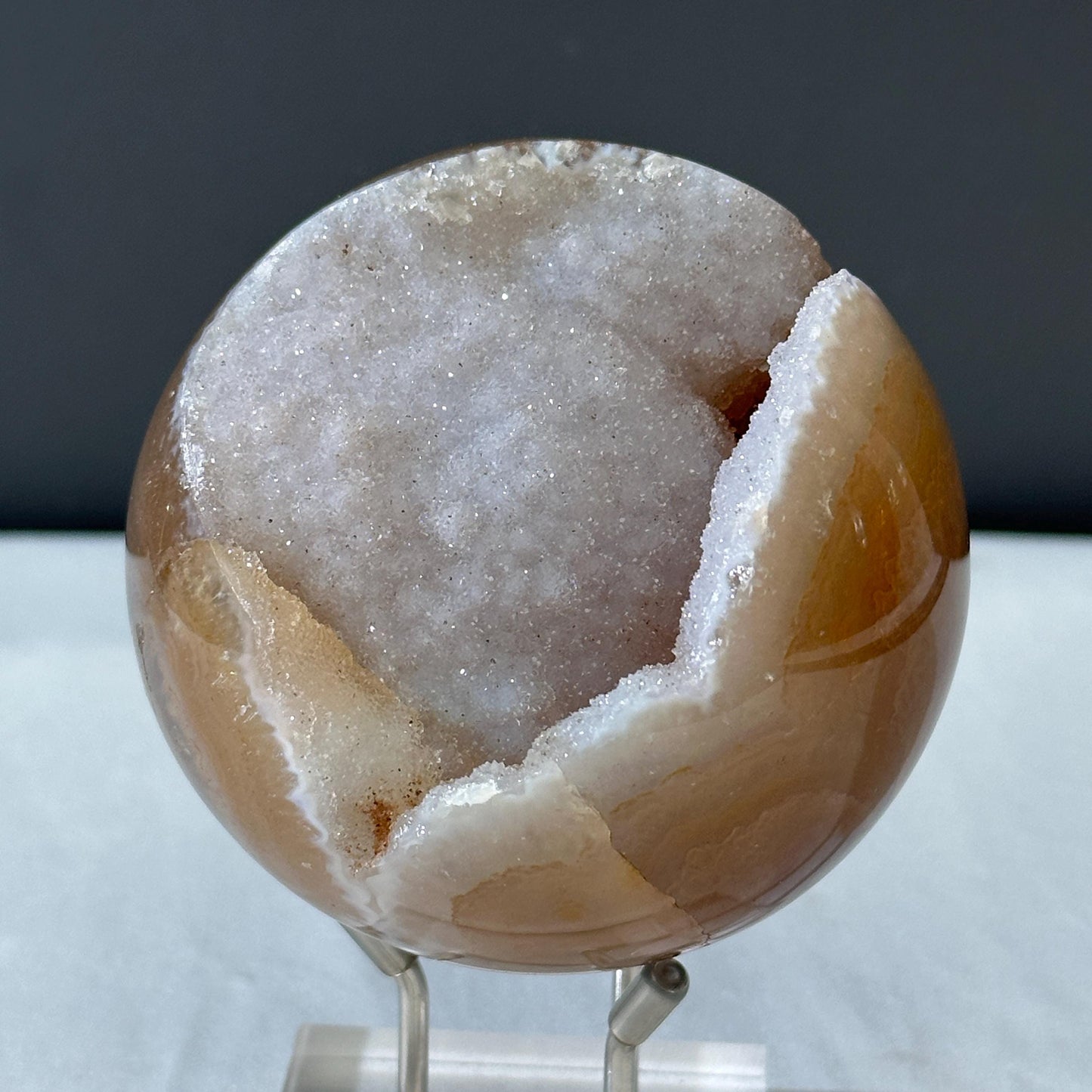 78mm White Sugar Druzy Agate Sphere with Stand, Large Open Mouth Geode Ball, Polished Brazilian Crystal Orb, Wealth Basin Exact 1.13lb